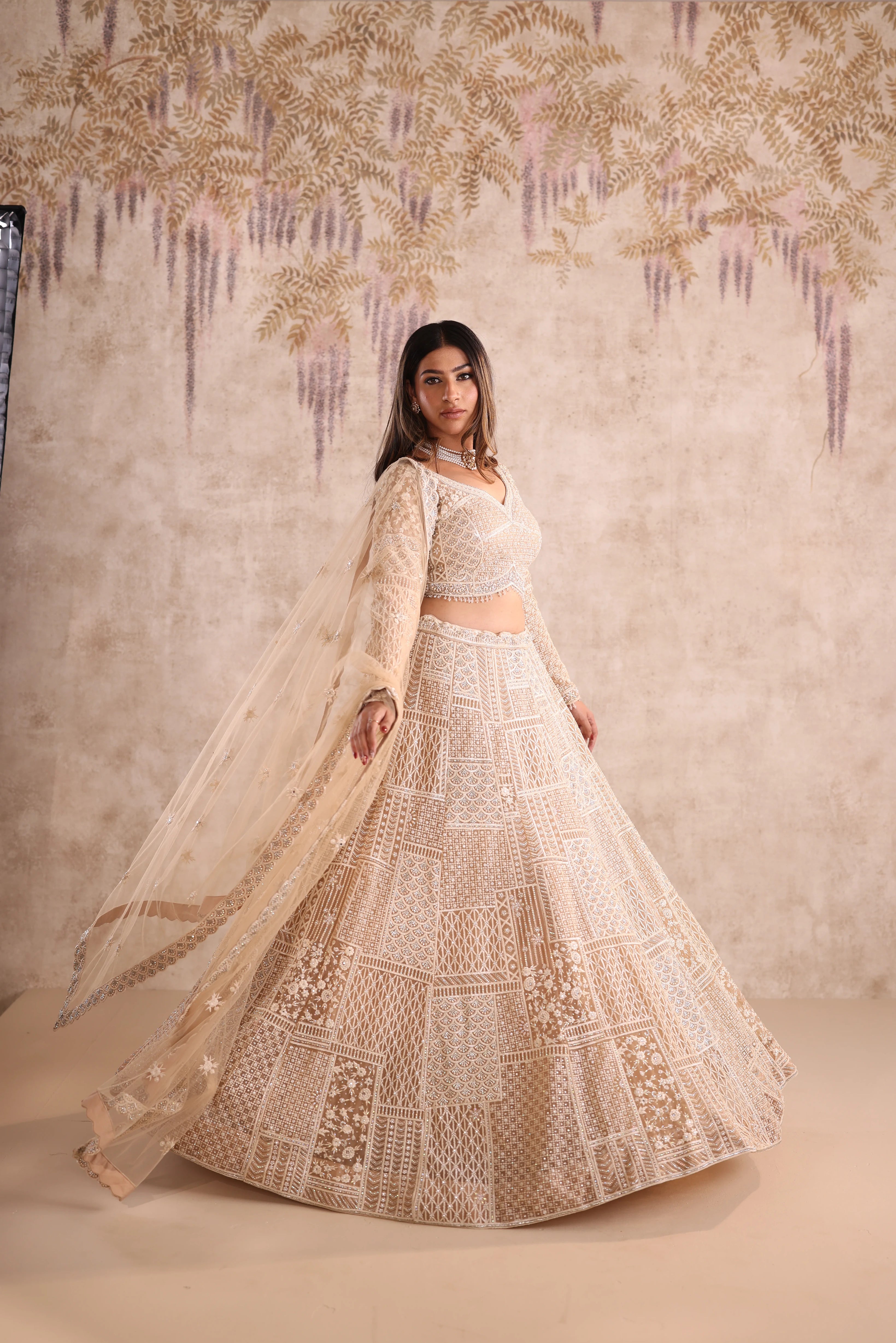 Cream Embroidered party wear Lehenga