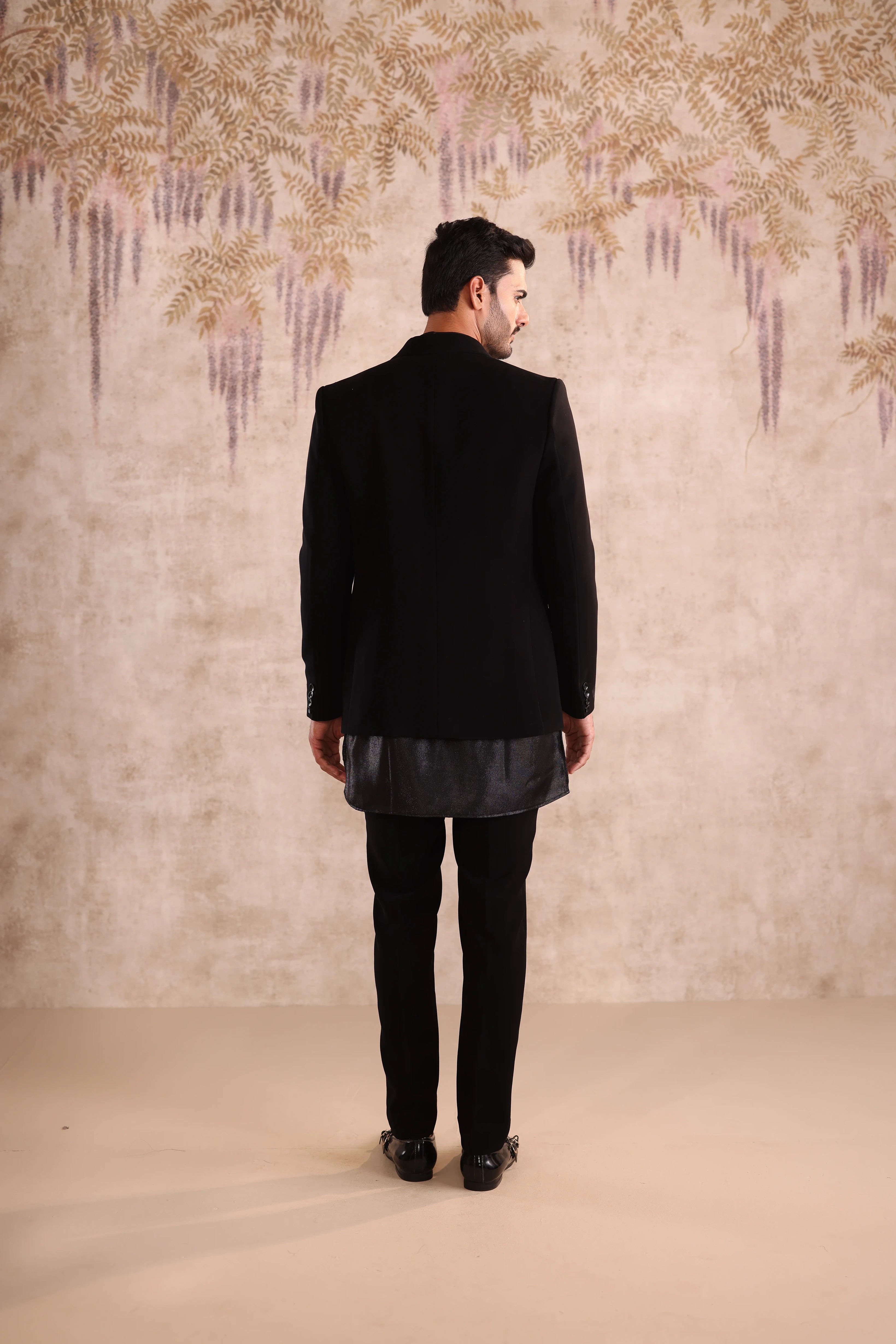 Peak embroidered lapel black  indo- western  with shimmering kurta