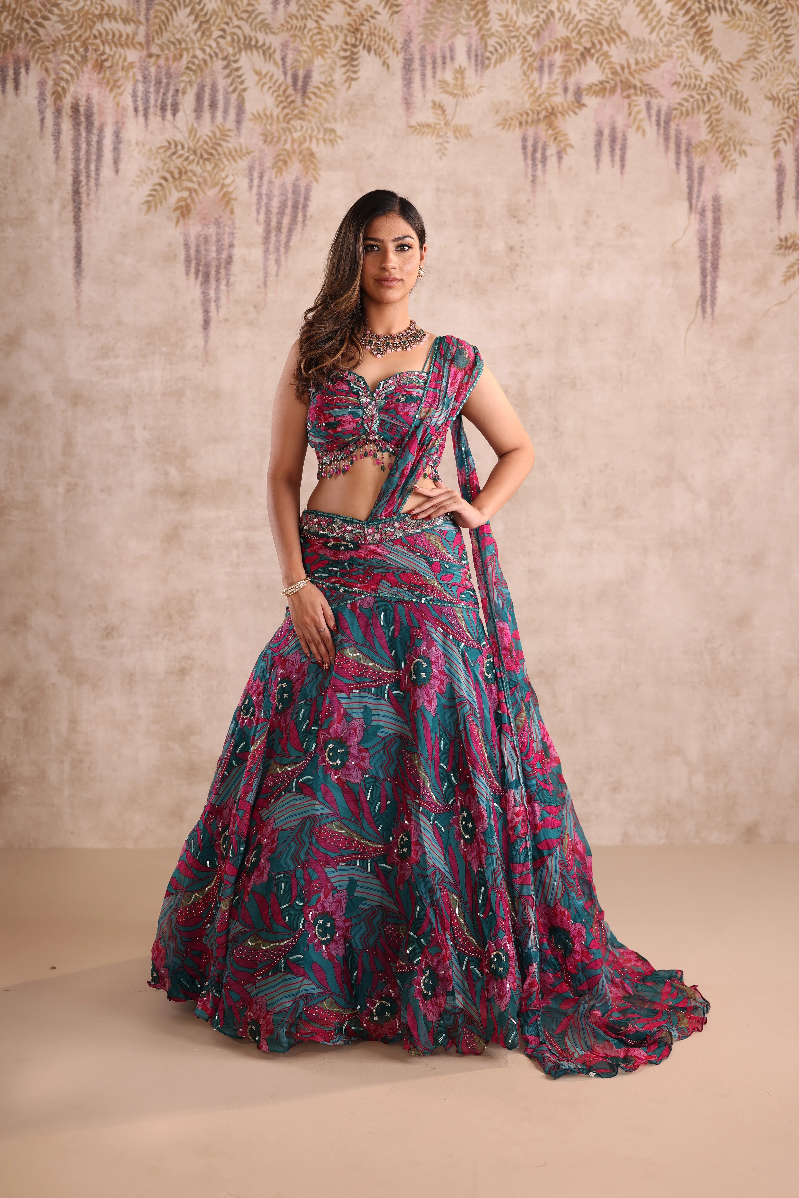 Green Multi-Color Embroidered Lehenga