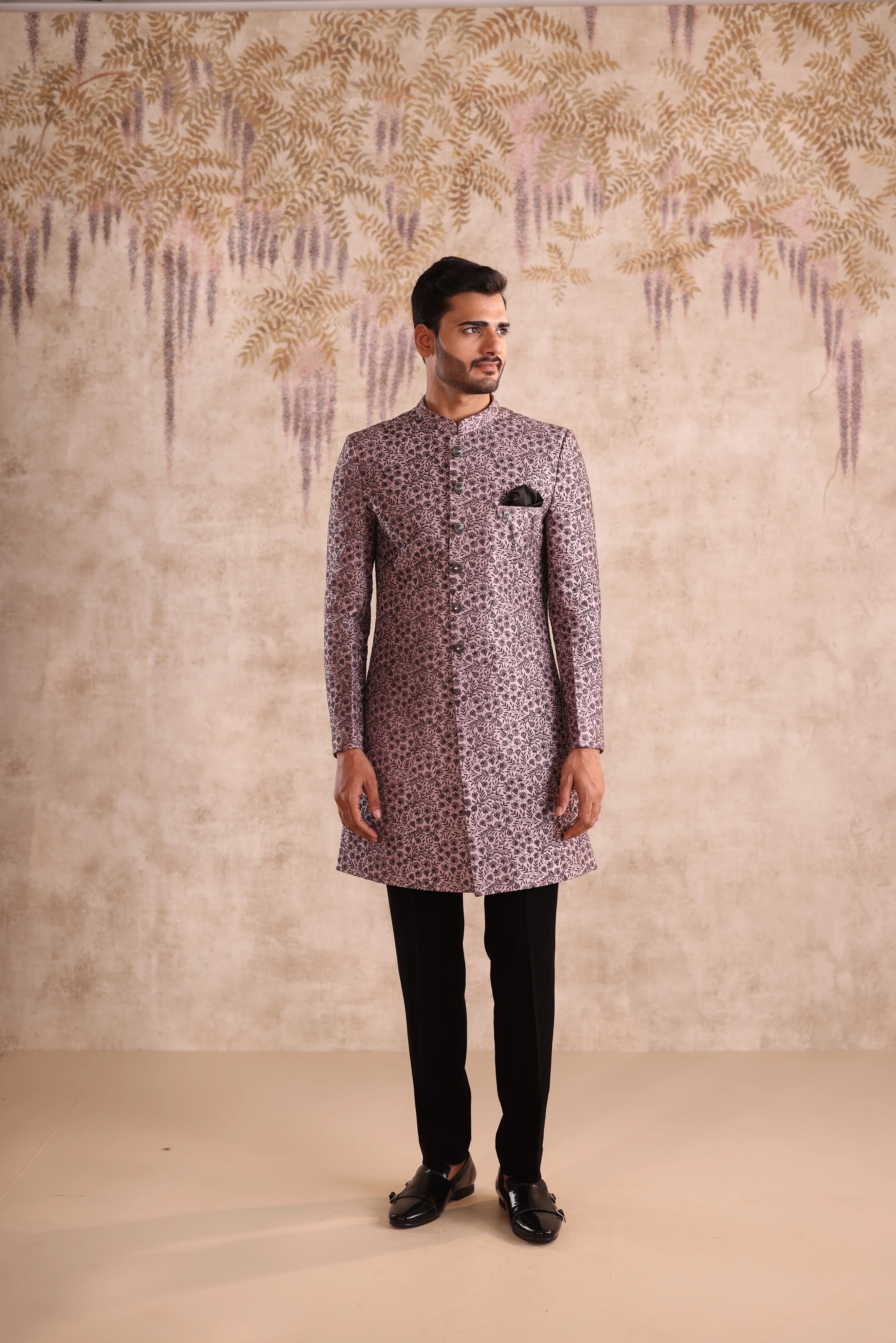 Lavender embroidered indo western and detailing with button