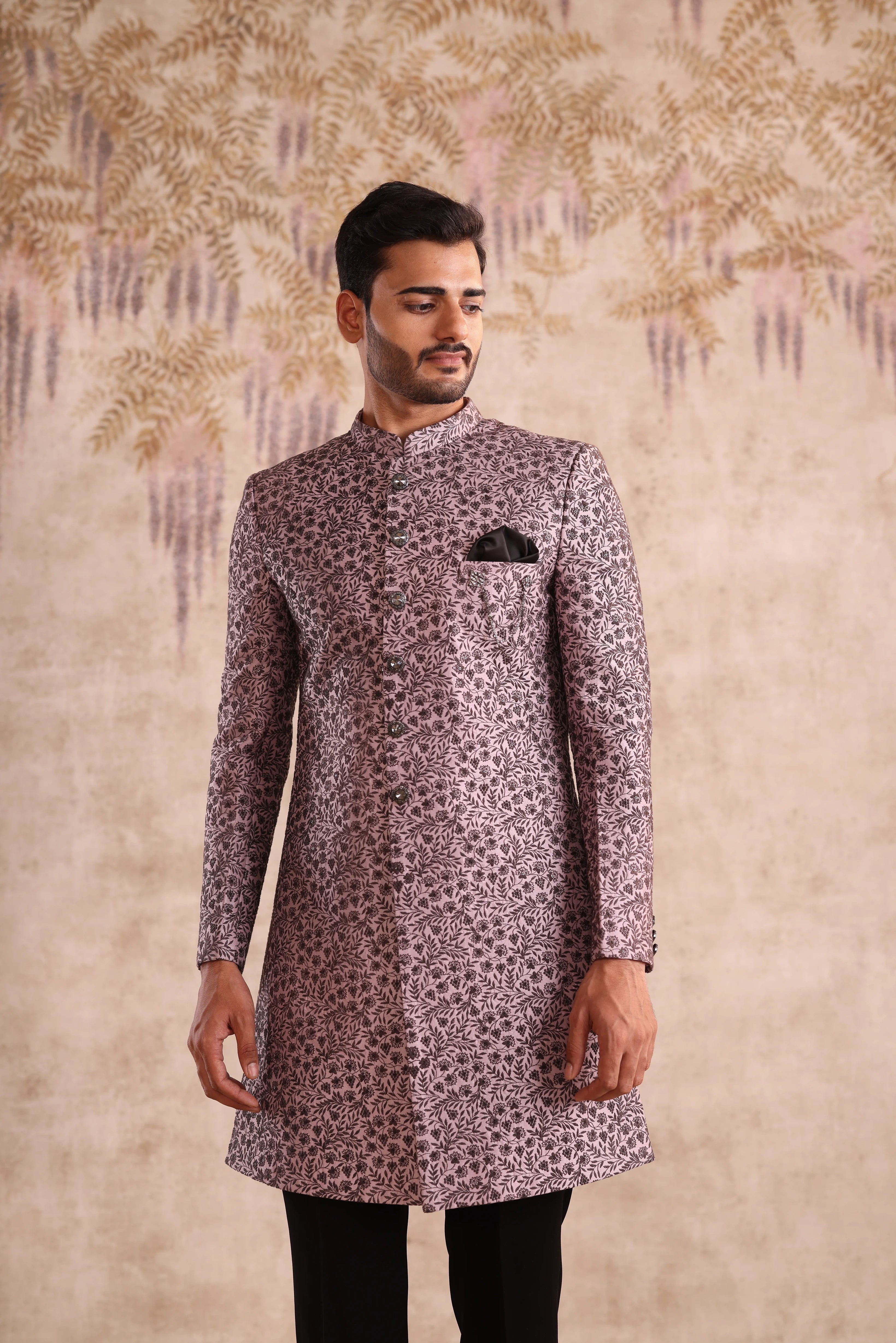 Lavender embroidered indo western and detailing with button