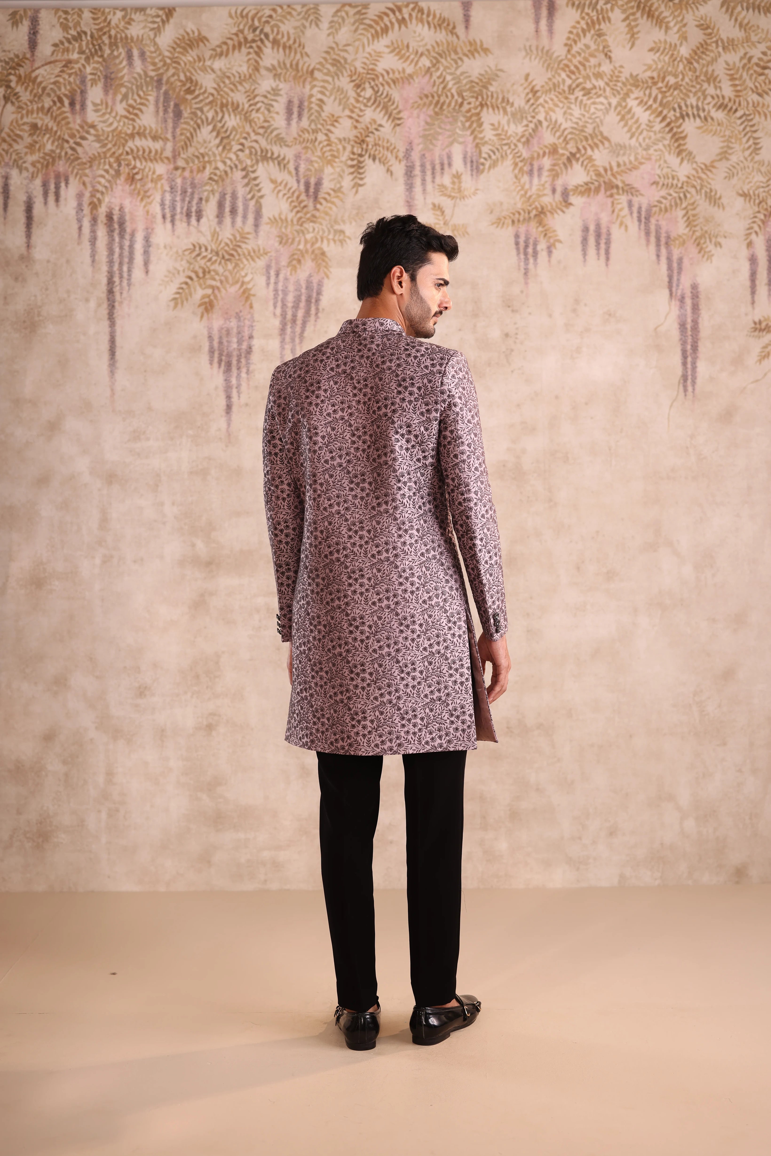 Lavender embroidered indo western and detailing with button