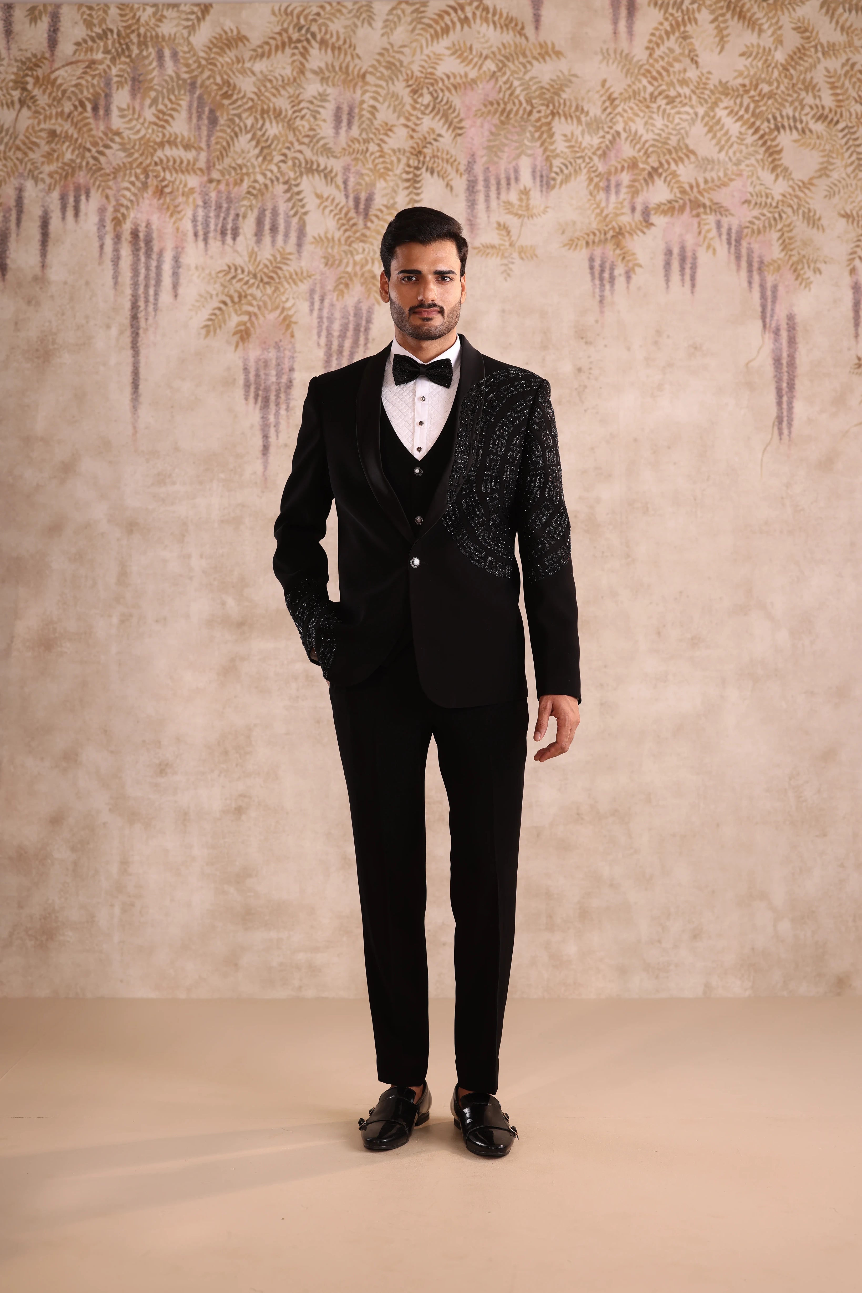 Black shawl lapel tuxedo with embroidery work