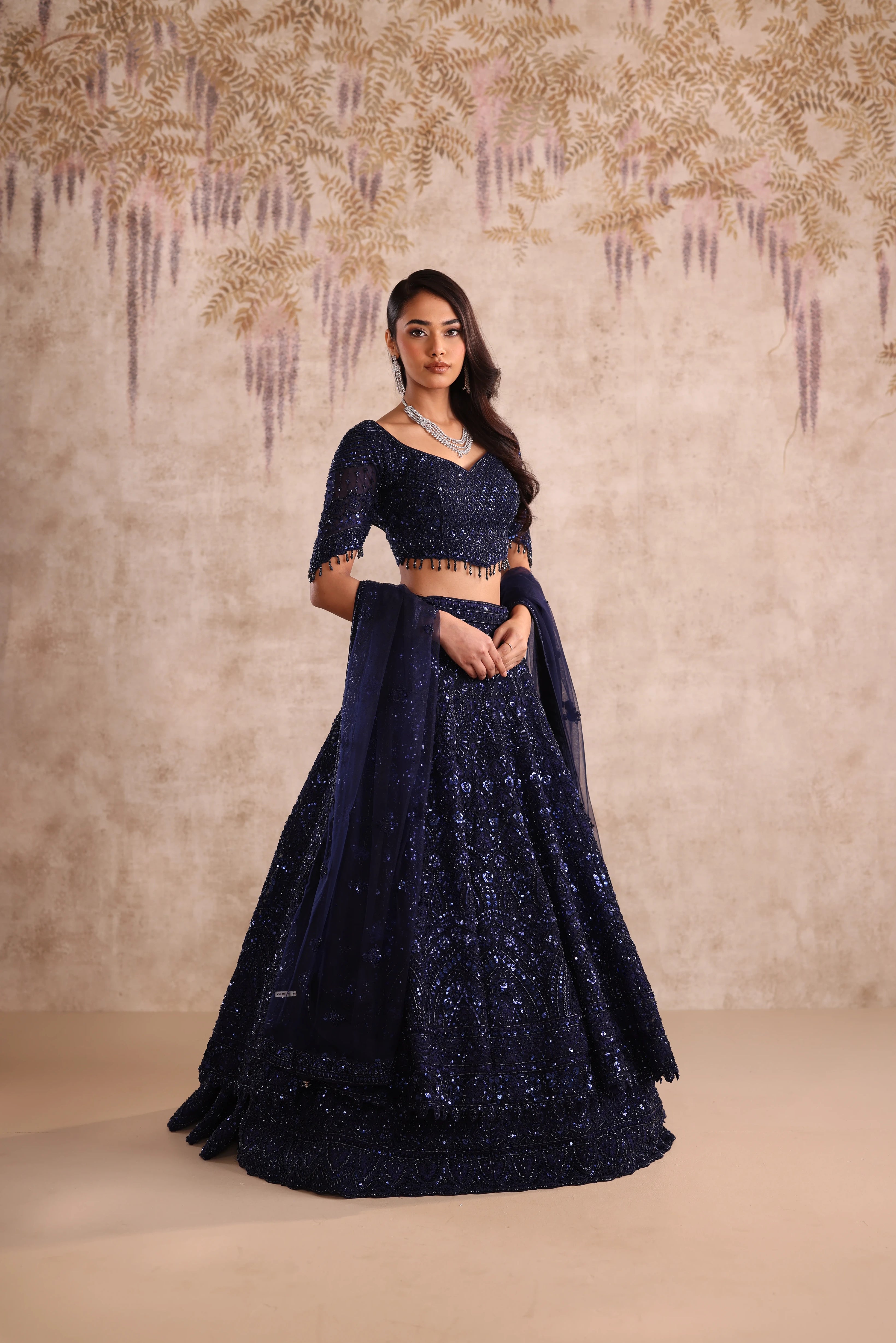 Navy Blue Sequin Embroidered Party Wear Lehenga