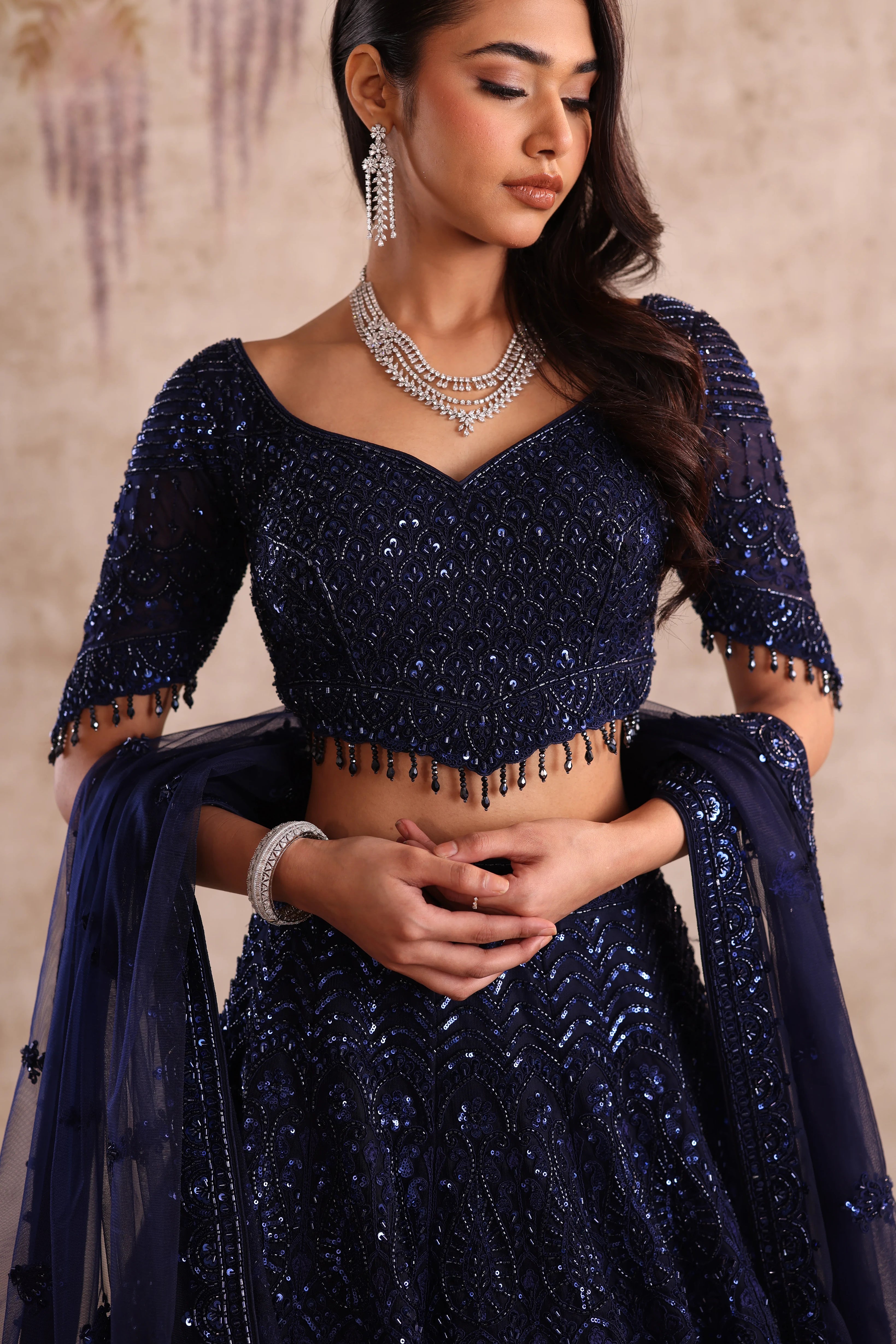 Navy Blue Sequin Embroidered Party Wear Lehenga
