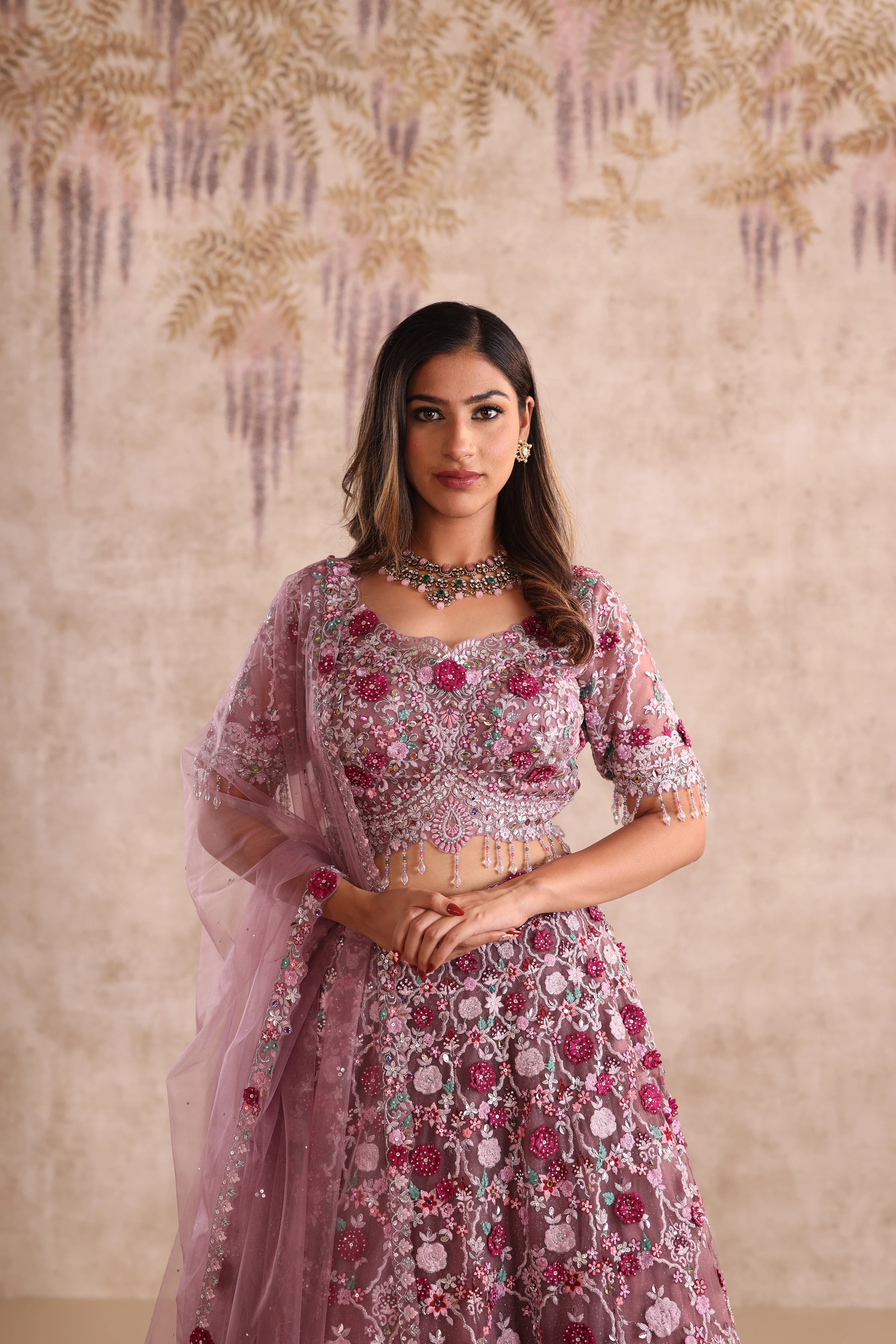 Rose Pink Embroidered Party Wear Lehenga