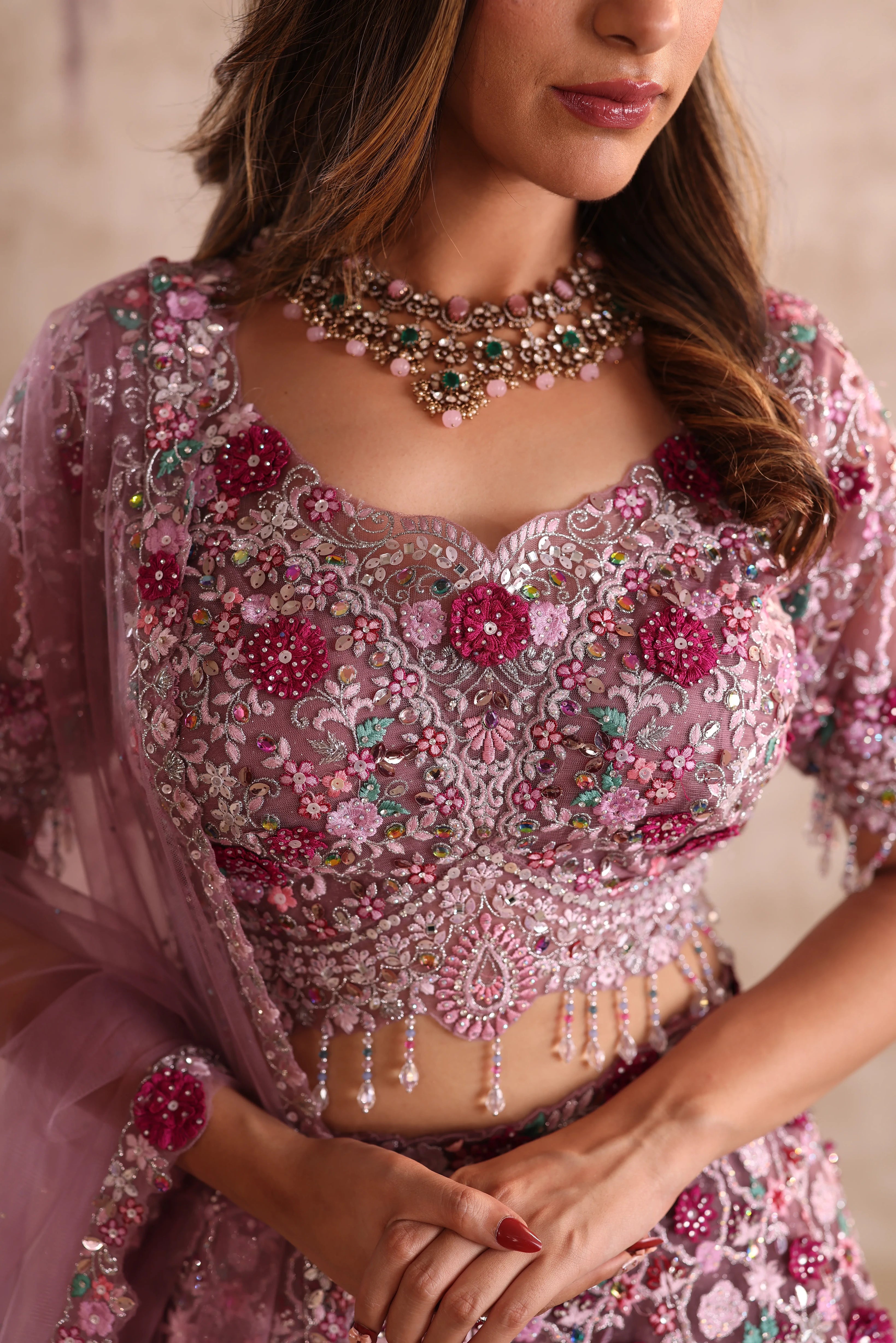 Rose Pink Embroidered Party Wear Lehenga