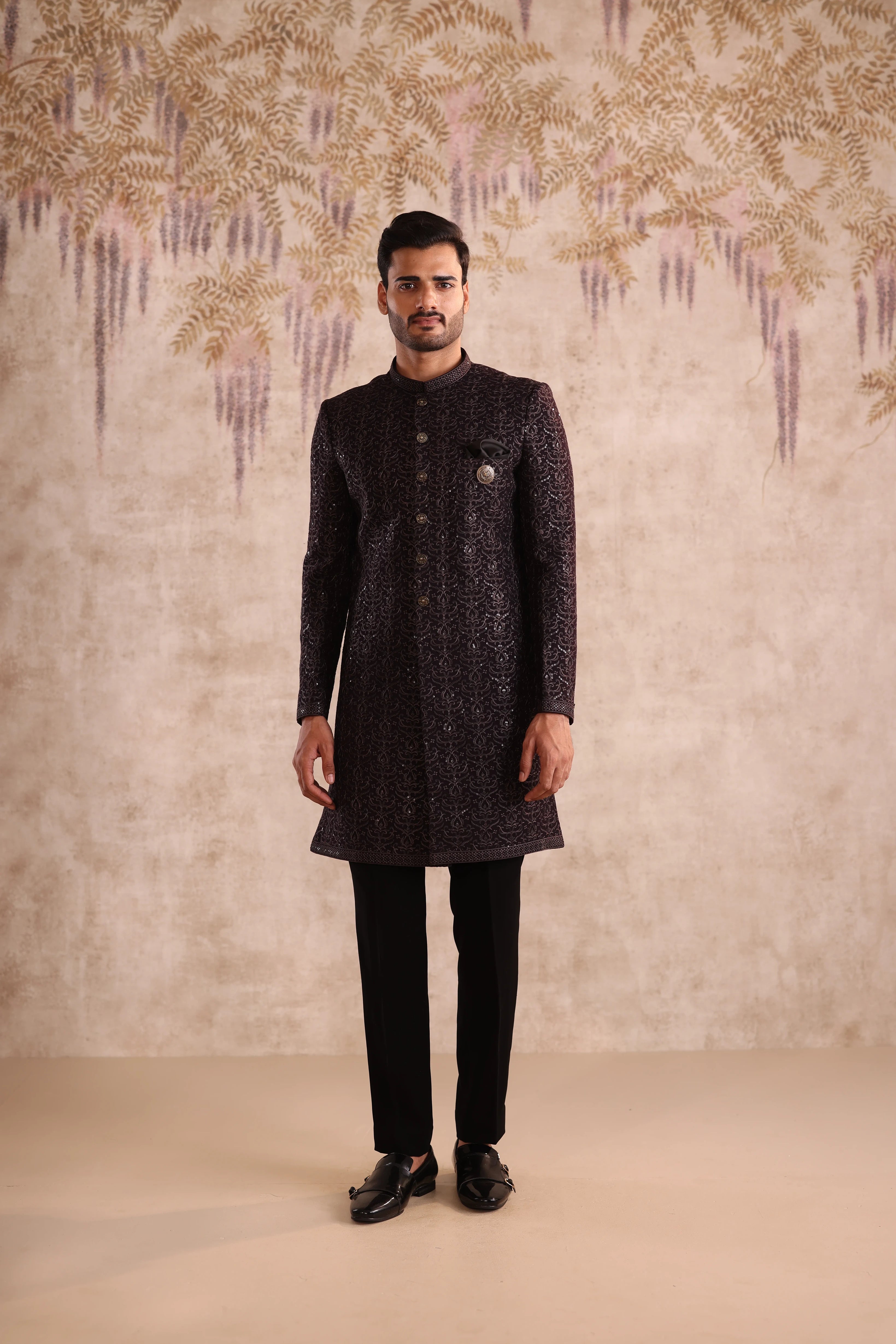 Deep Purple embroidered indo western with button detailing