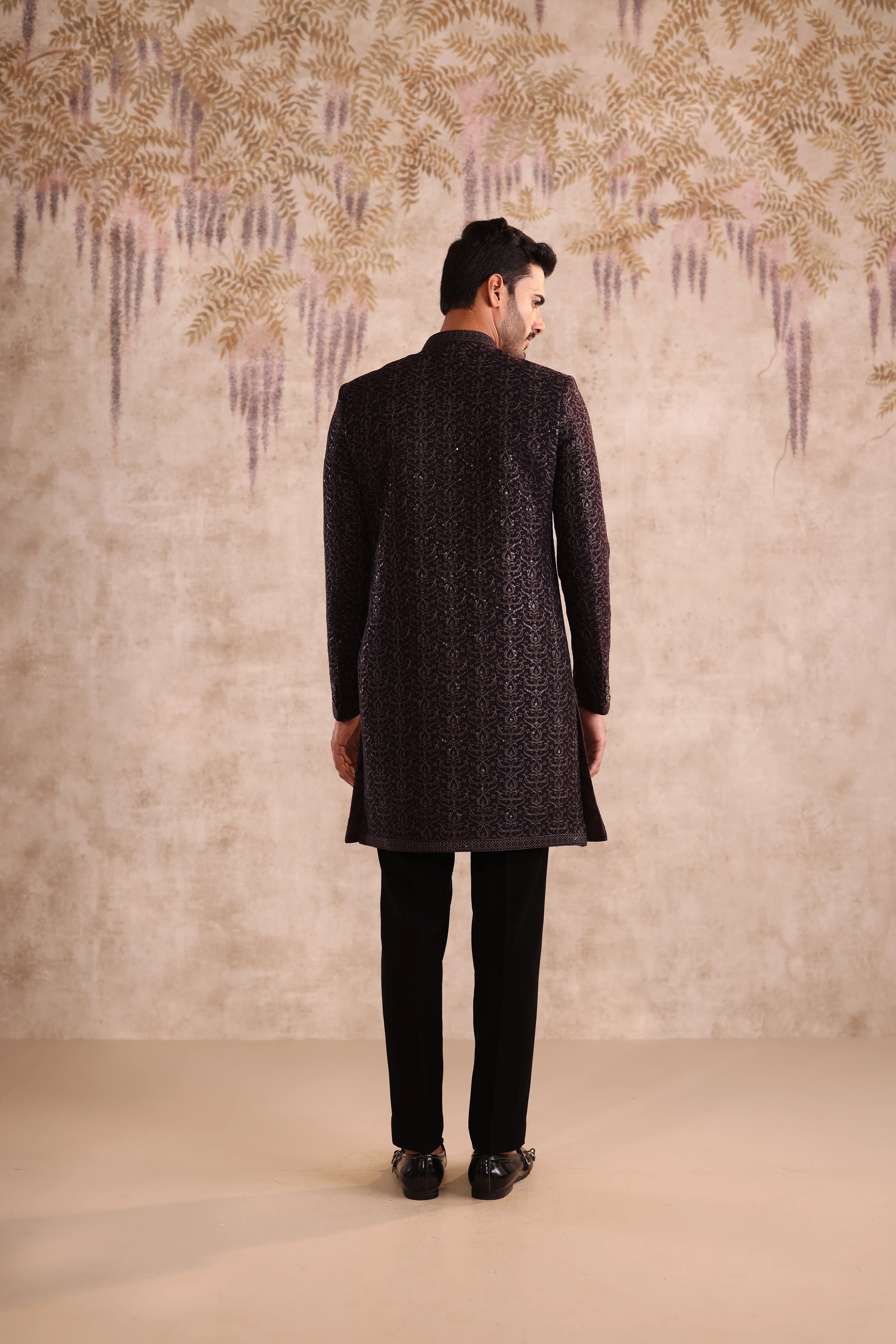 Deep Purple embroidered indo western with button detailing