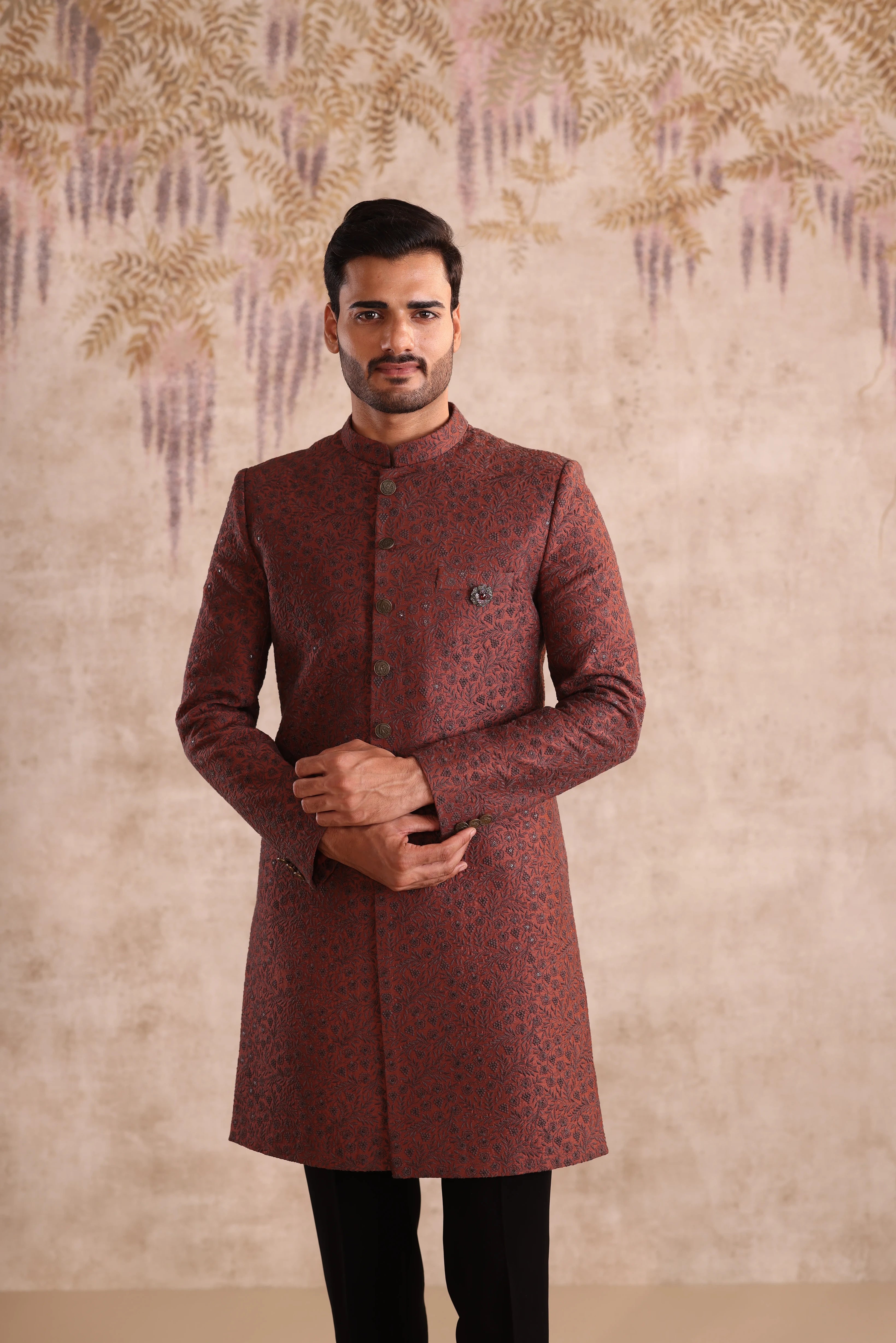 Rust embroidered indo western detailing with button