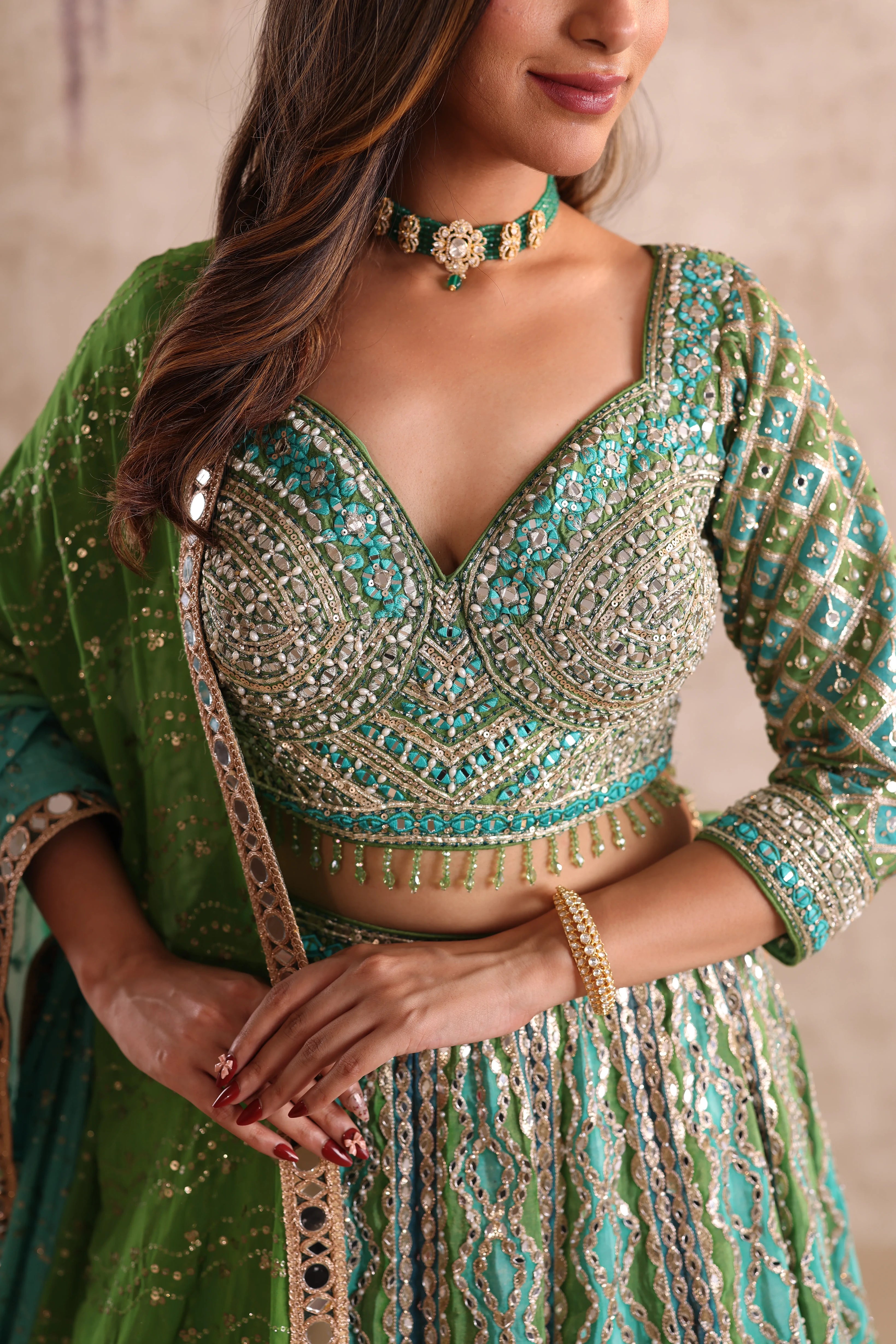 Green Mirror Work Party Wear Lehenga