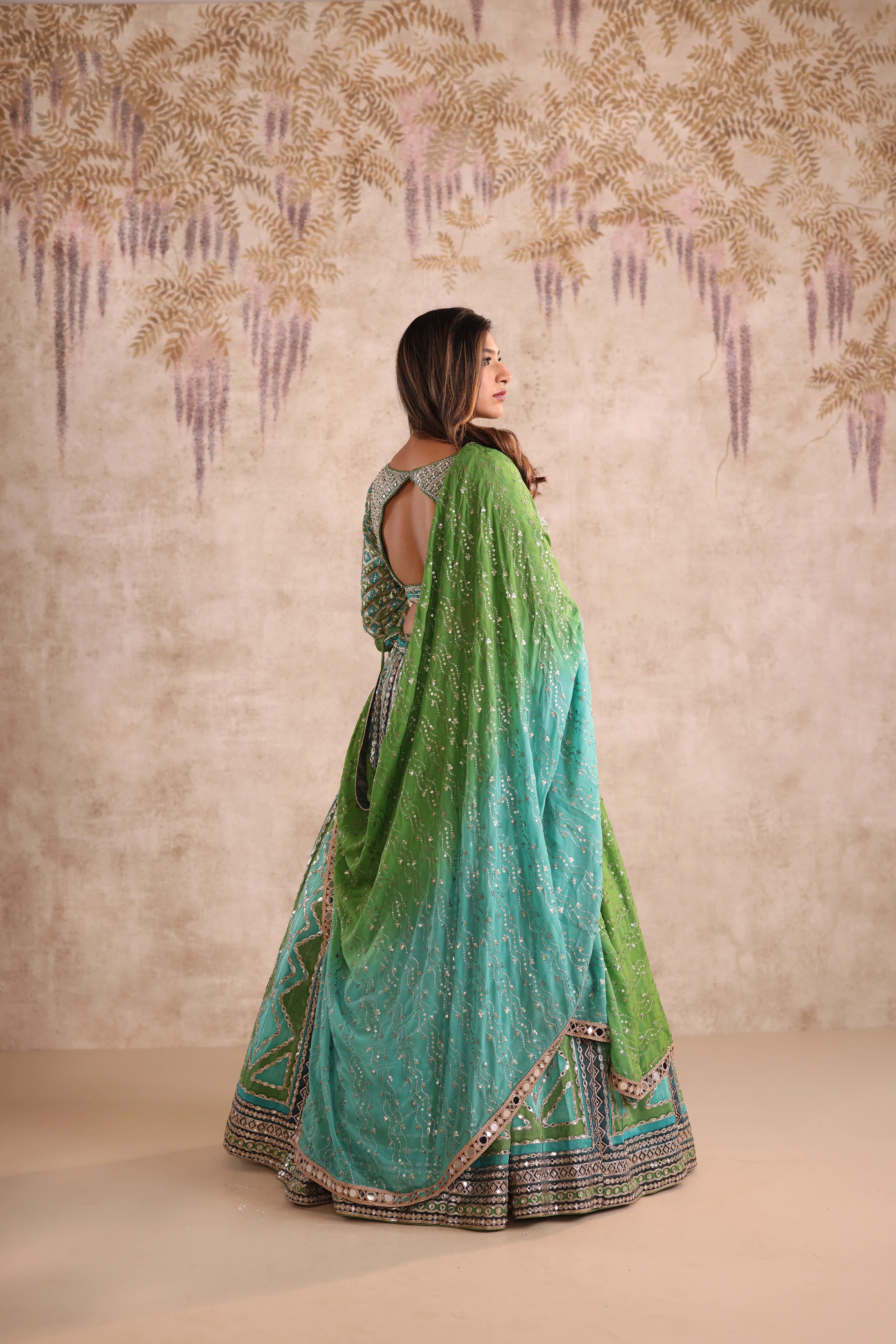 Green Mirror Work Party Wear Lehenga