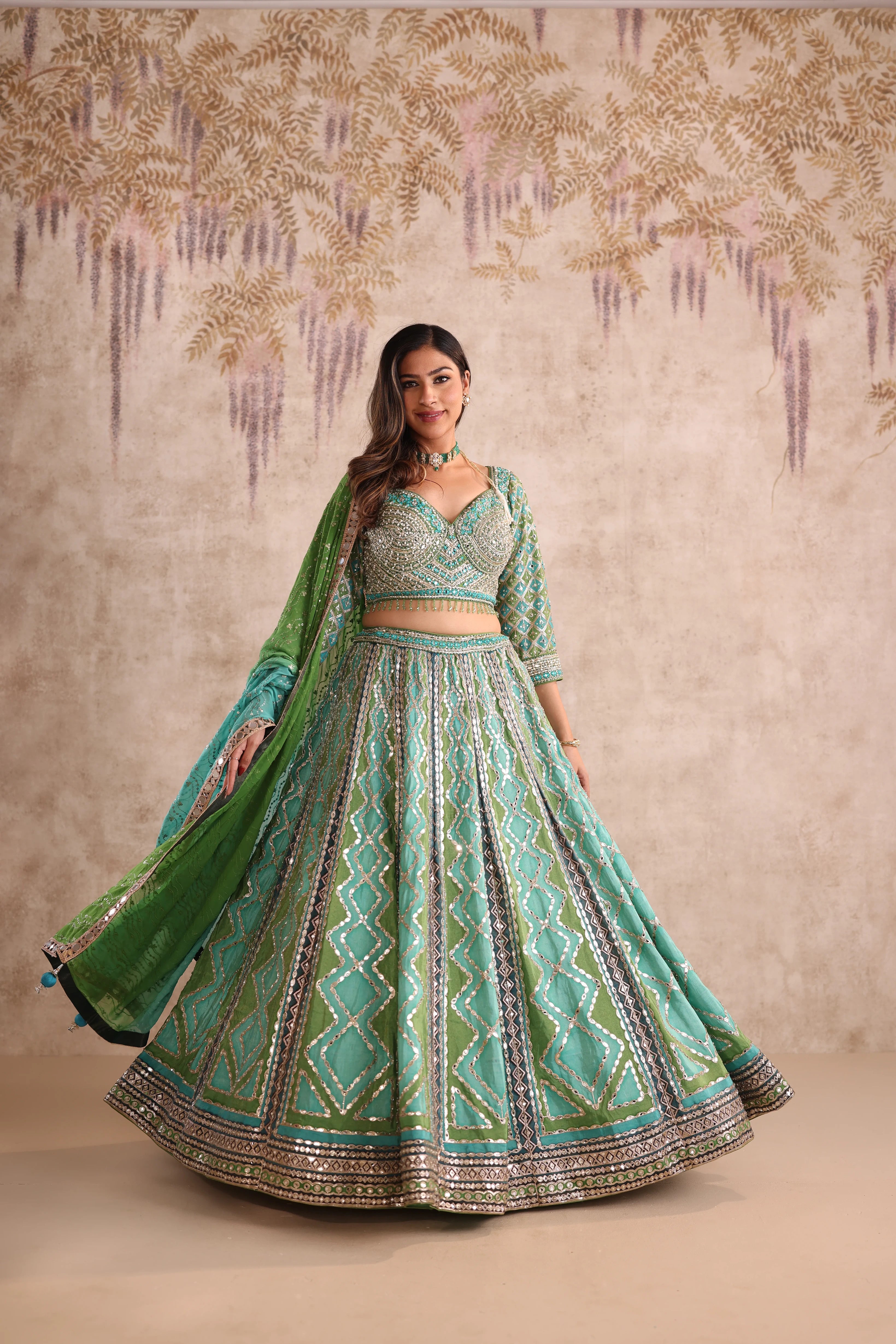 Green Mirror Work Party Wear Lehenga
