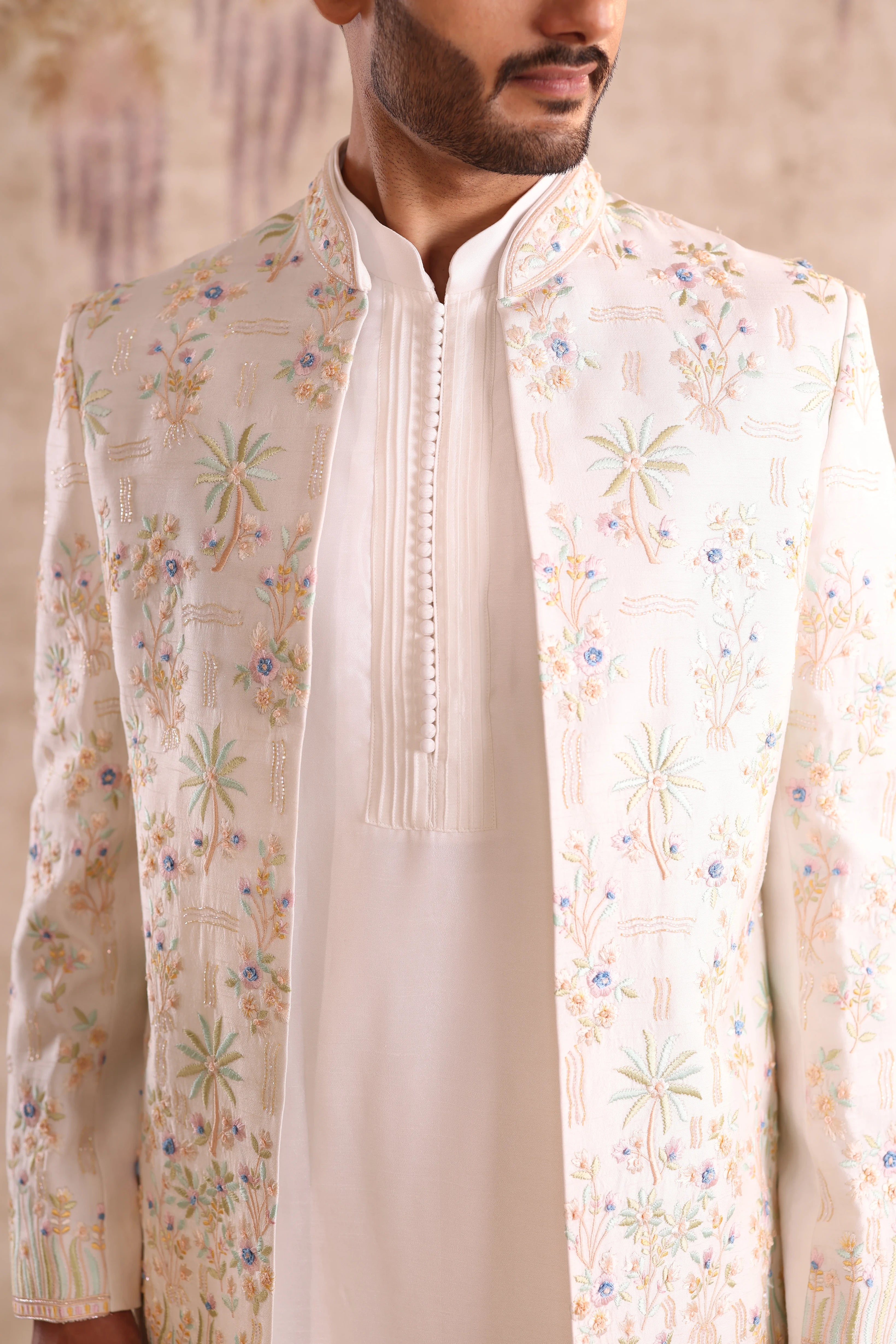 White machine embroidered indo western with kurta