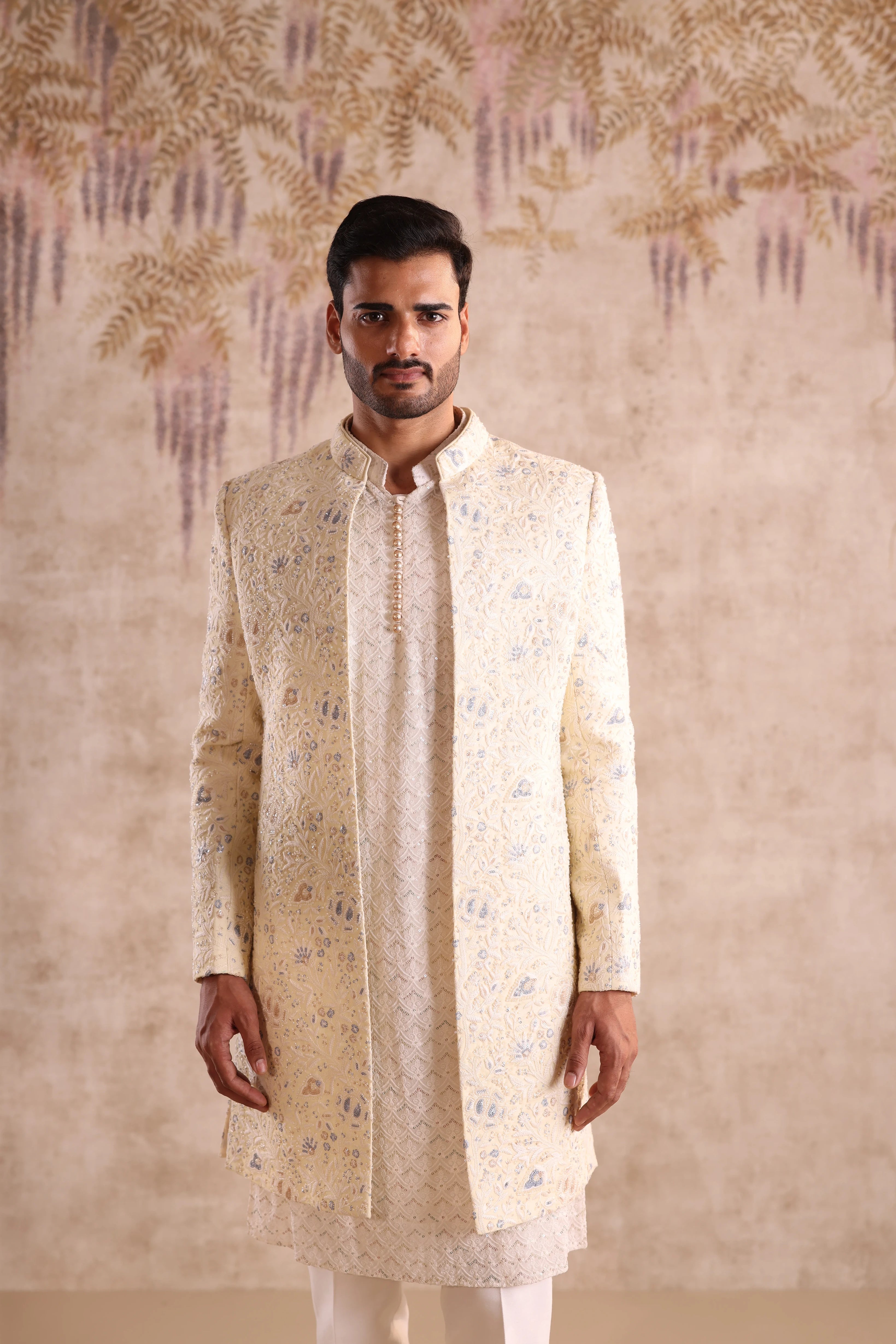 Lime yellow floral embroidered indo western with kurta