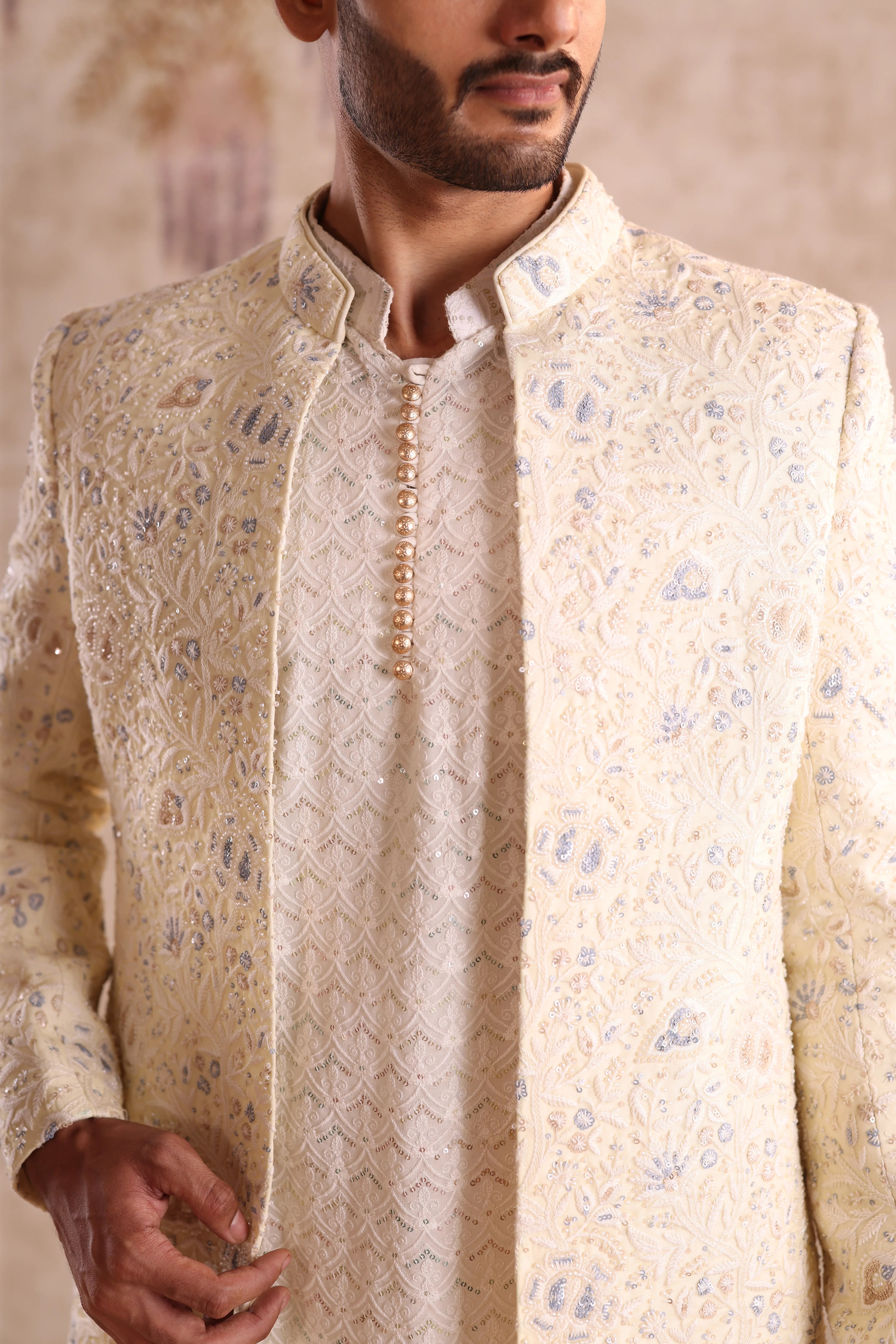 Lime yellow floral embroidered indo western with kurta