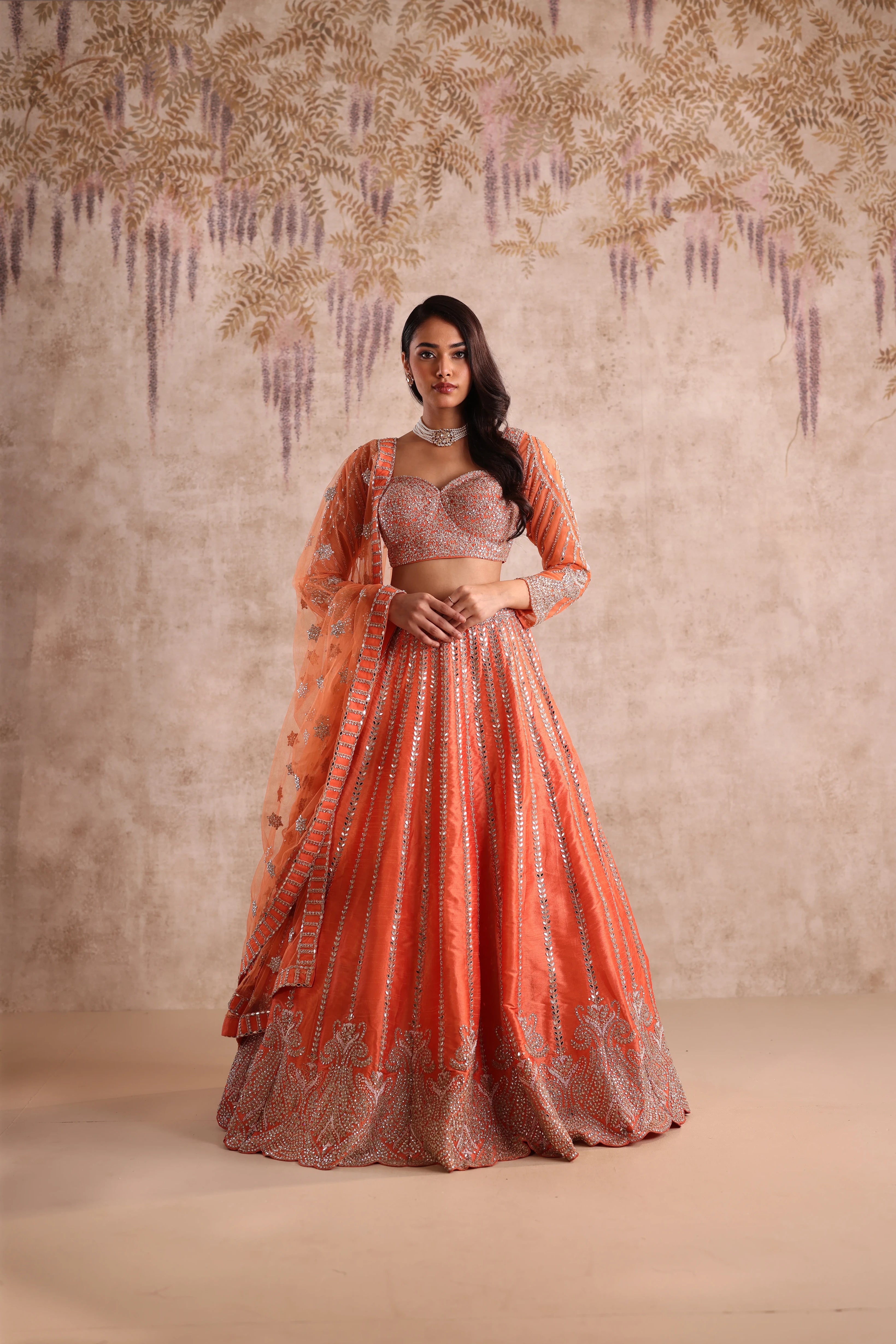 Rust Orange Embroidered Party Wear Lehenga