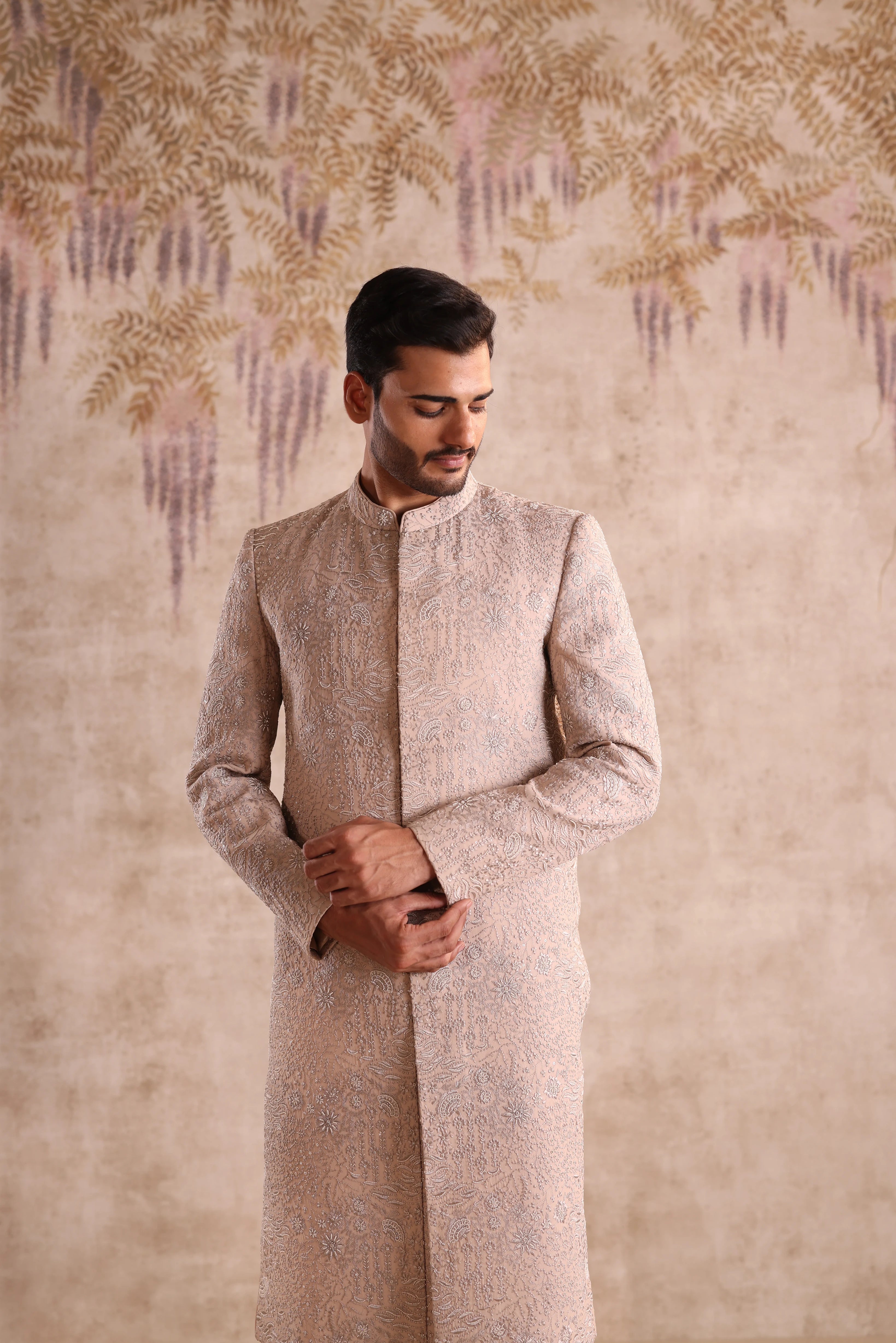 Beige Sherwani highlight with beads embroidery