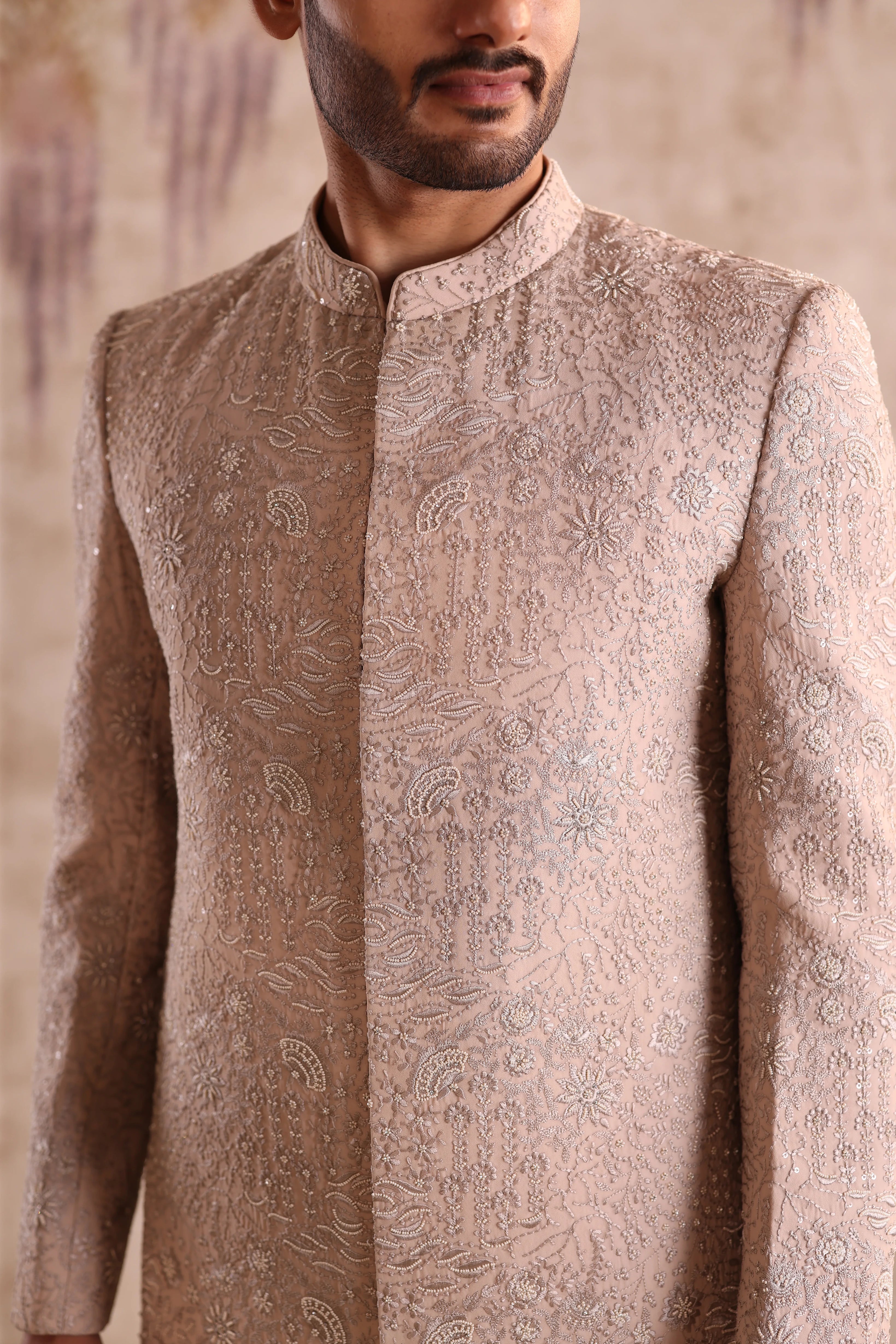 Beige Sherwani highlight with beads embroidery