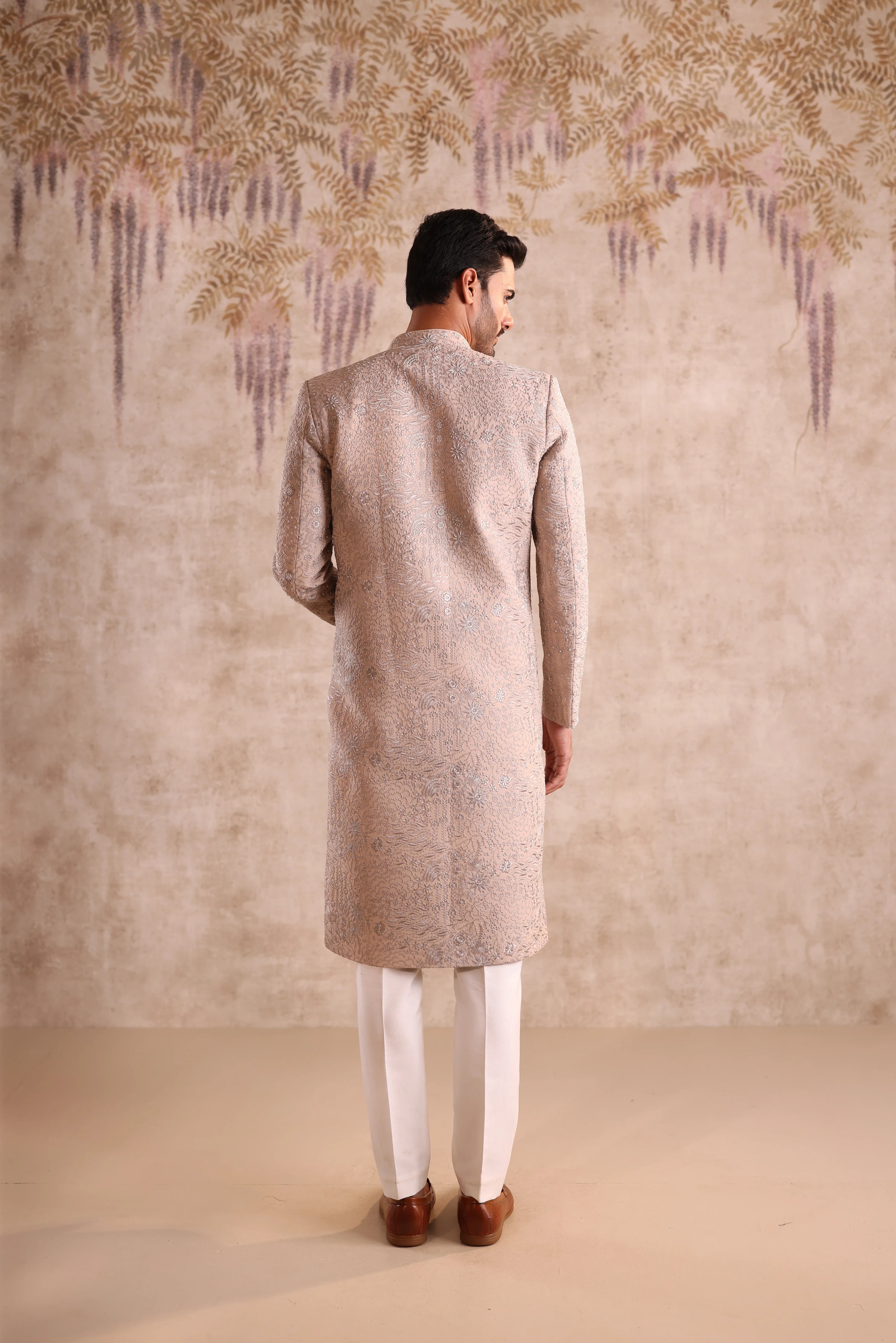 Beige Sherwani highlight with beads embroidery
