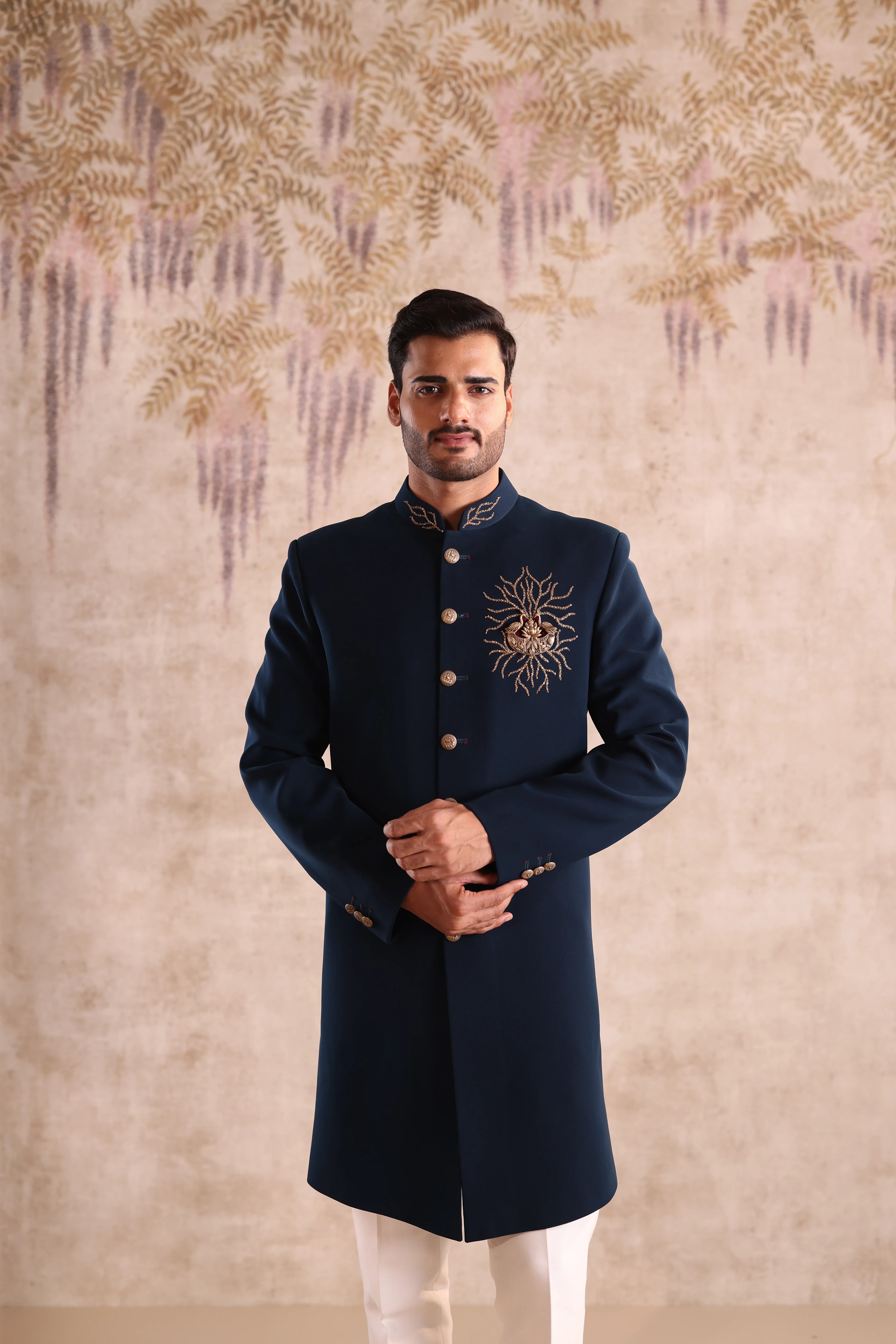 Teal indo western with collar embroidery and chest brooch highlight with embroider