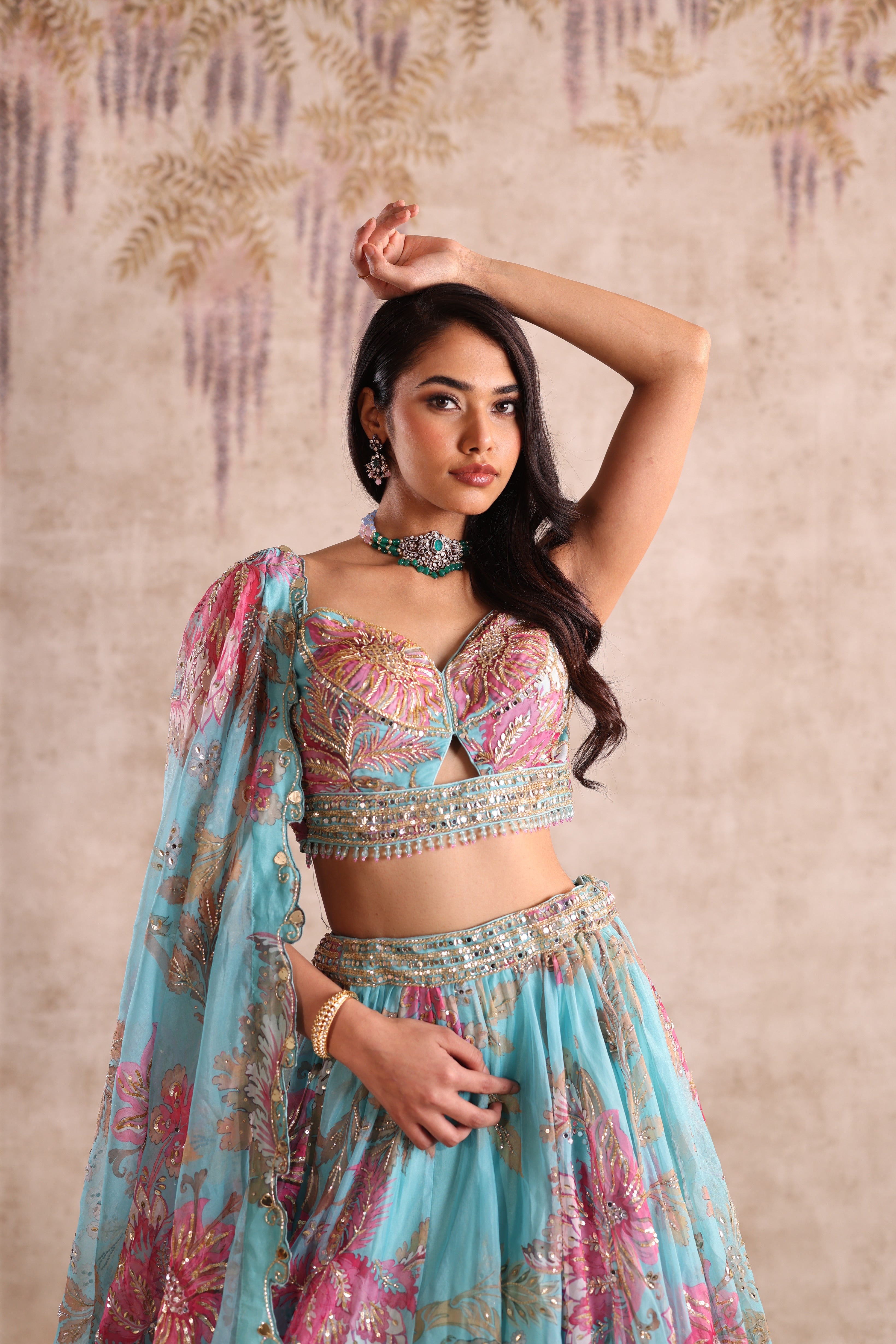 Turquoise Blue Floral Embroidered Party Wear Lehenga