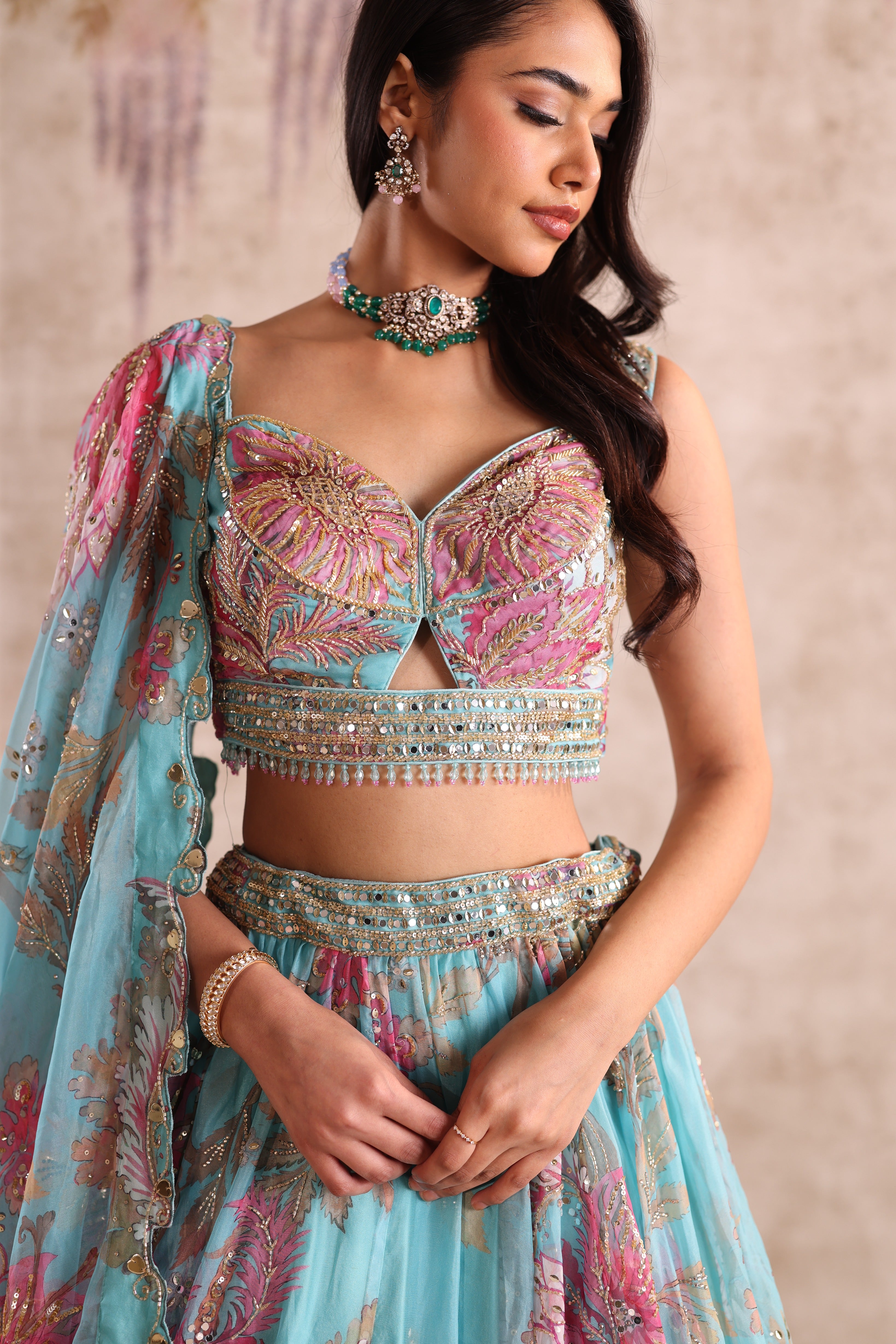 Turquoise Blue Floral Embroidered Party Wear Lehenga