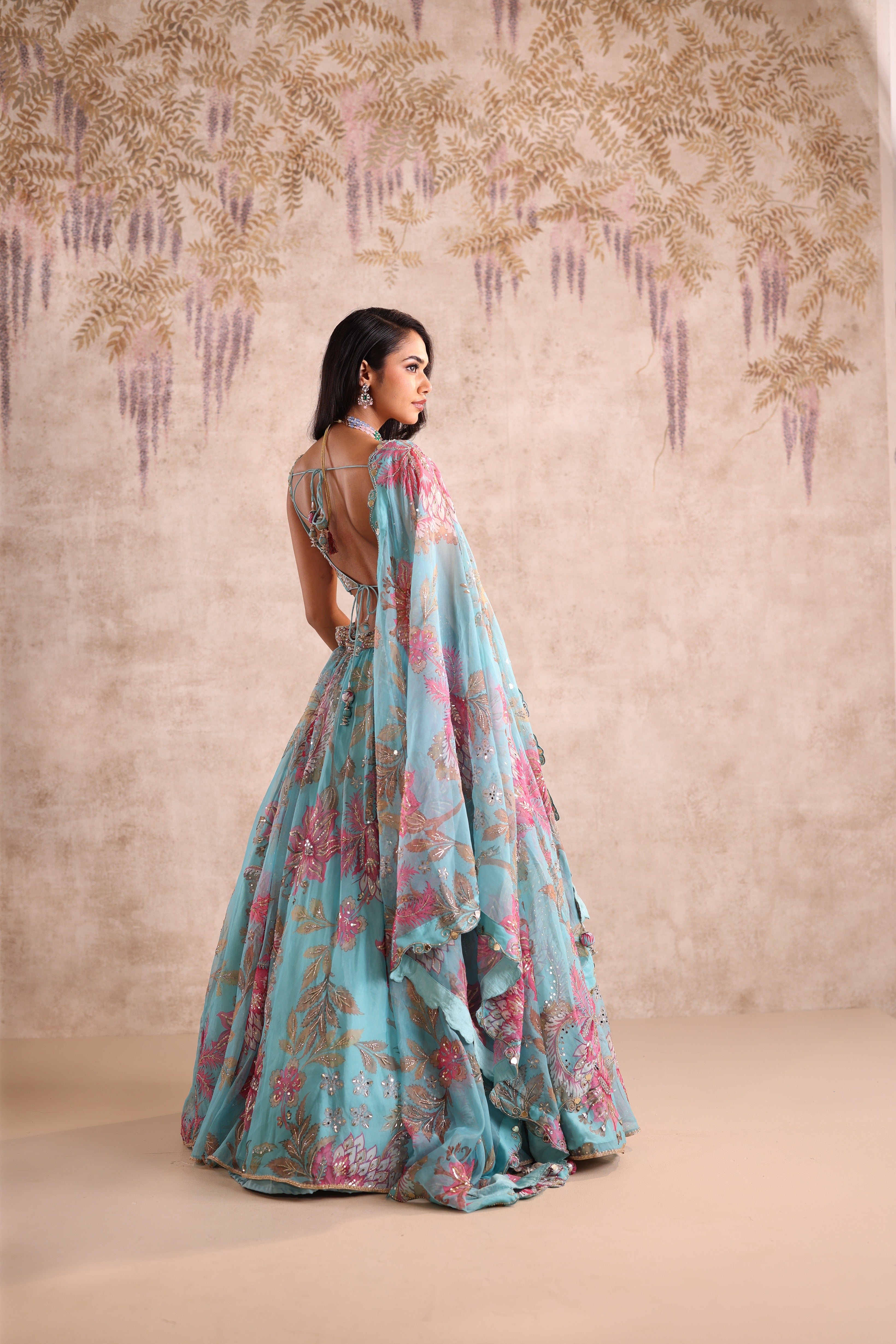 Turquoise Blue Floral Embroidered Party Wear Lehenga