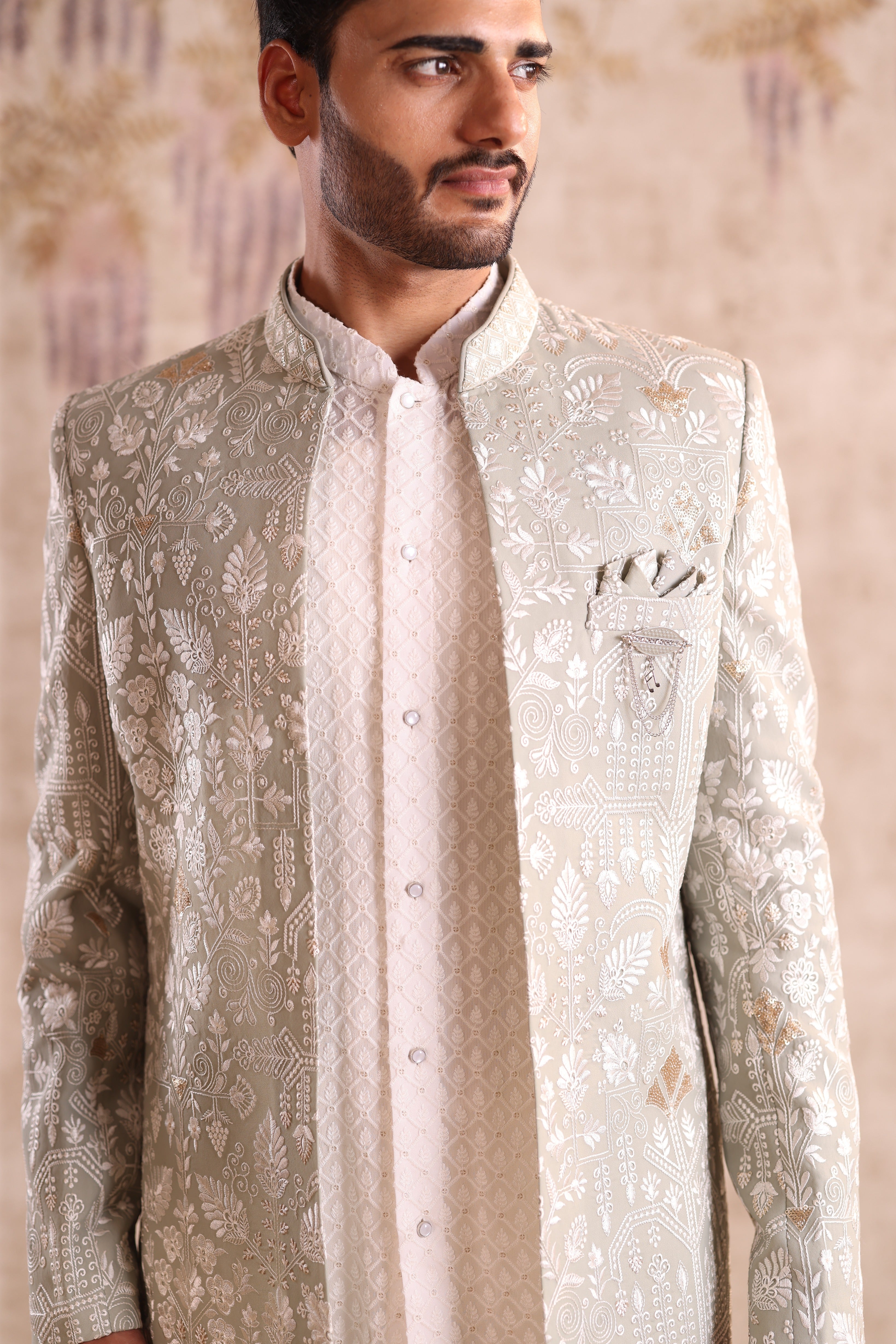 Pista green colour embroidered indo western with georgette kurta