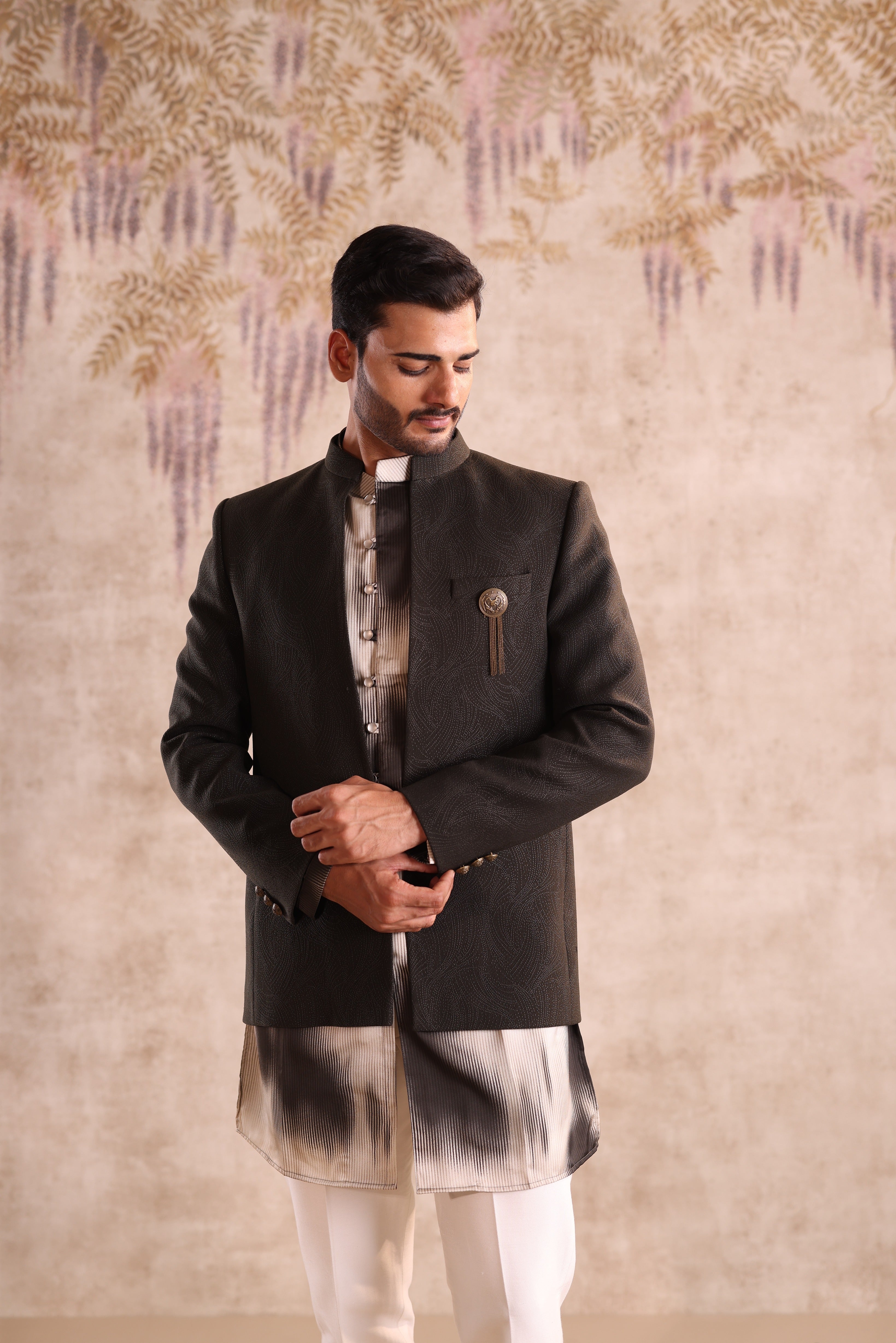 Army green colour open jacket indo western with printed kurta