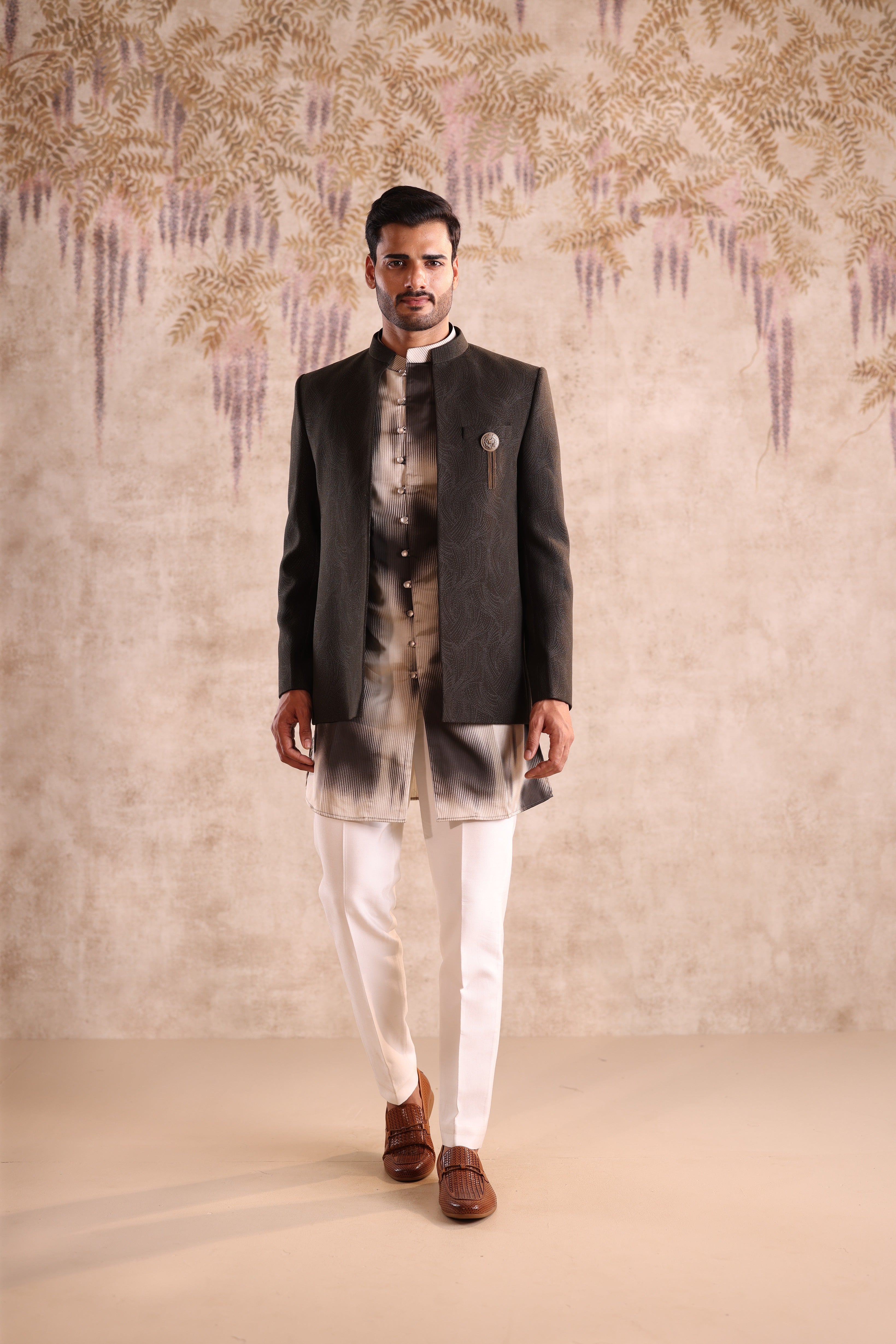 Army green colour open jacket indo western with printed kurta