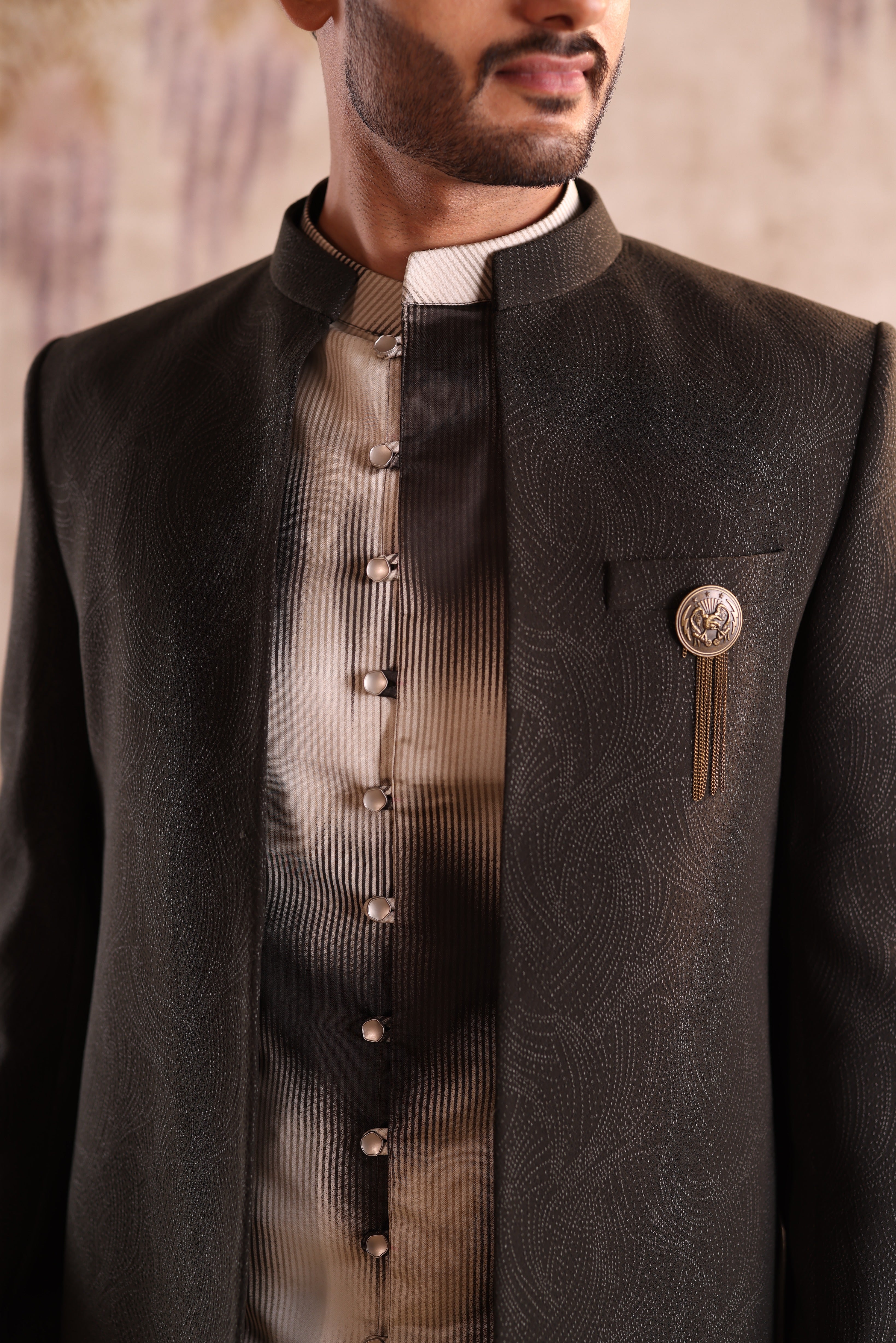 Army green colour open jacket indo western with printed kurta