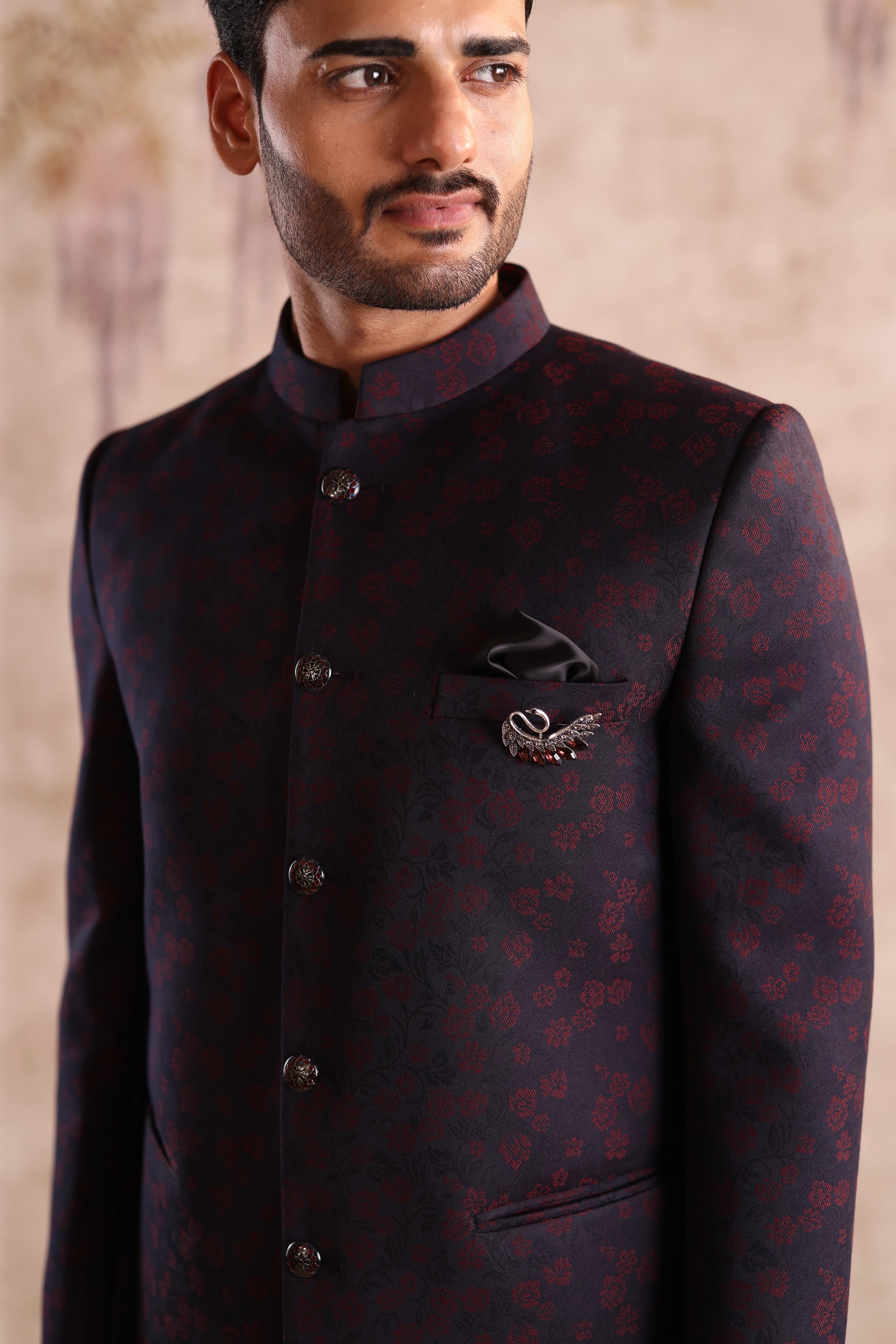 Blue floral bandhgala detailing with button