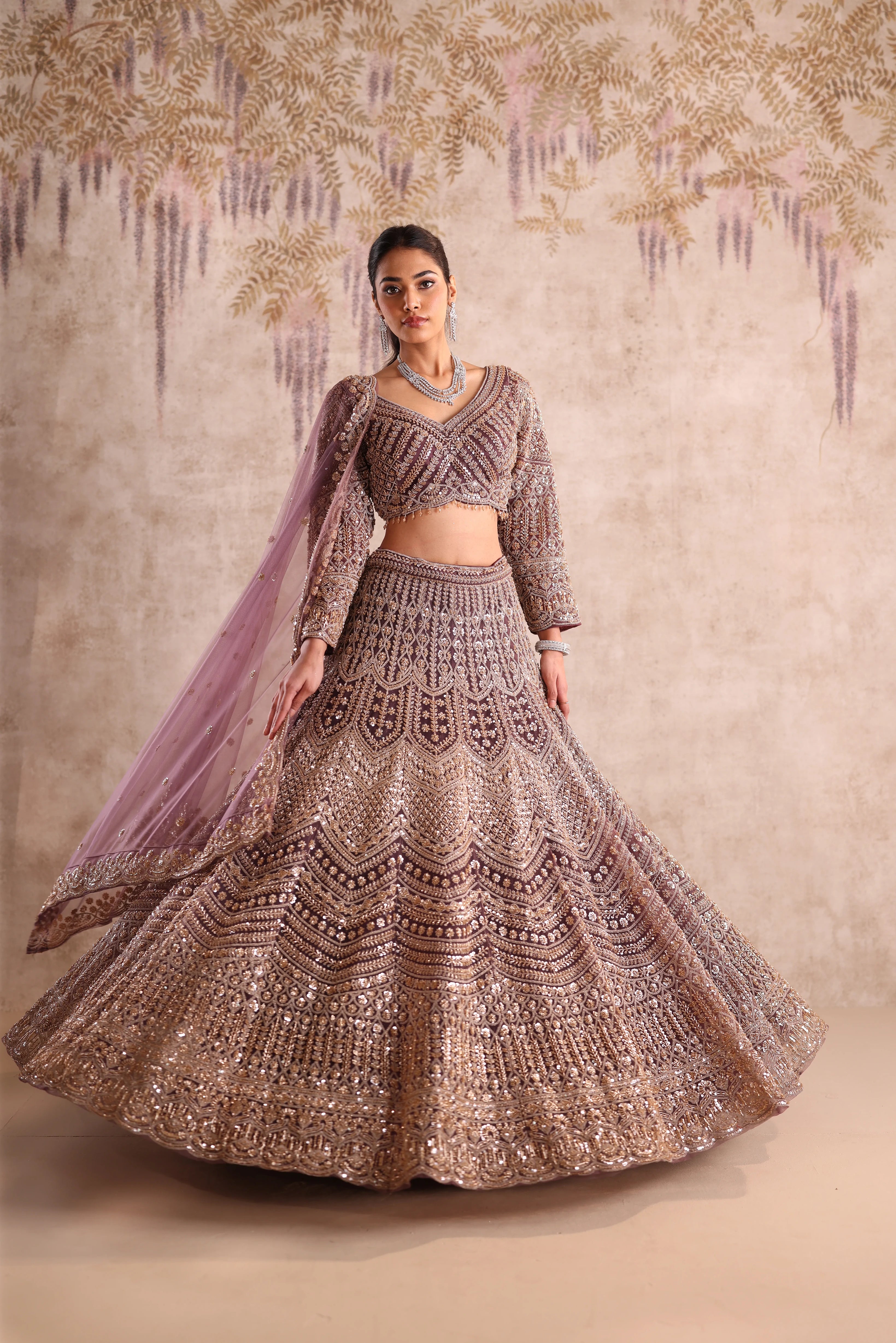 Brown Heavy Embroidered Party Wear Lehenga