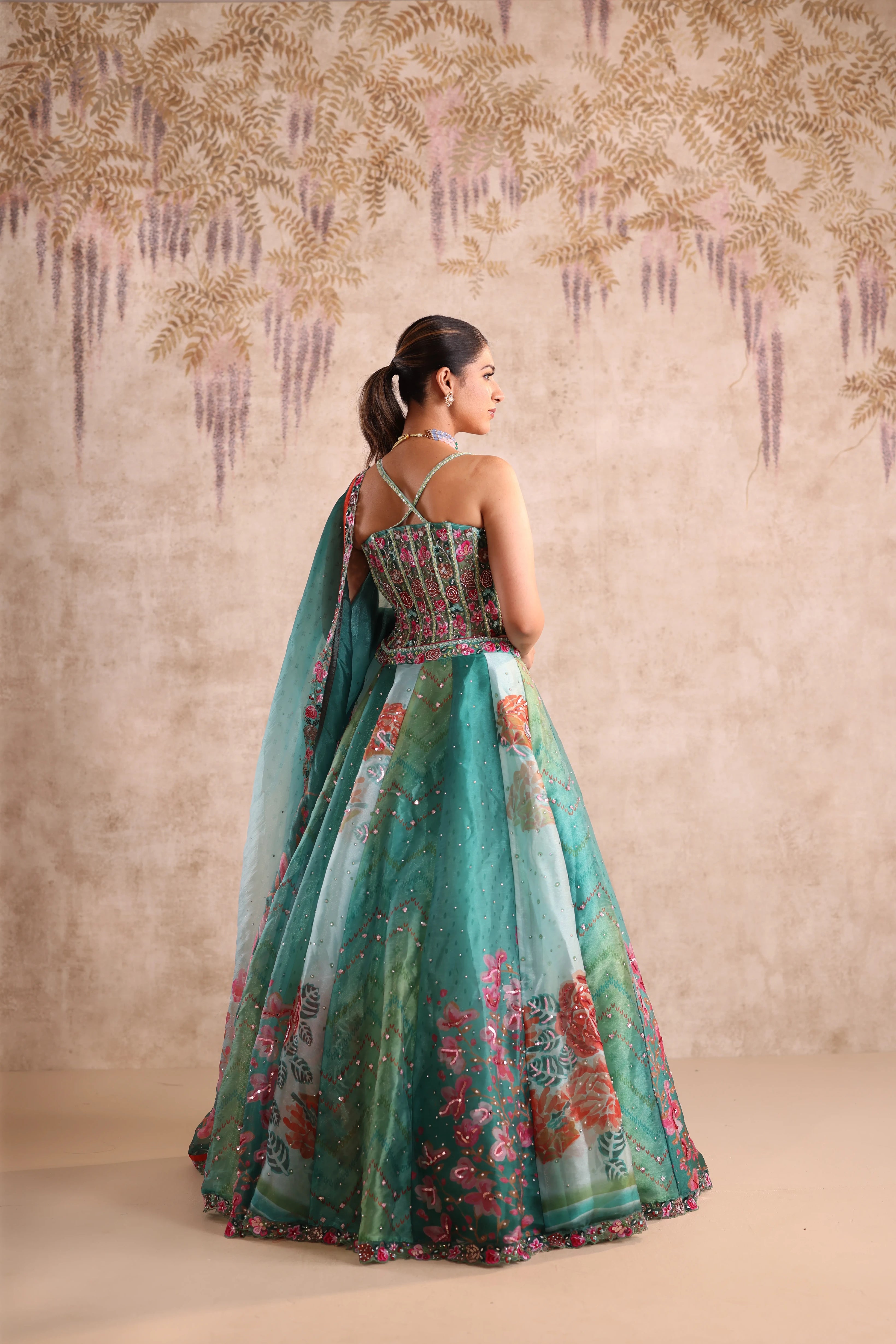 Green Floral Embroidered Party Wear Lehenga