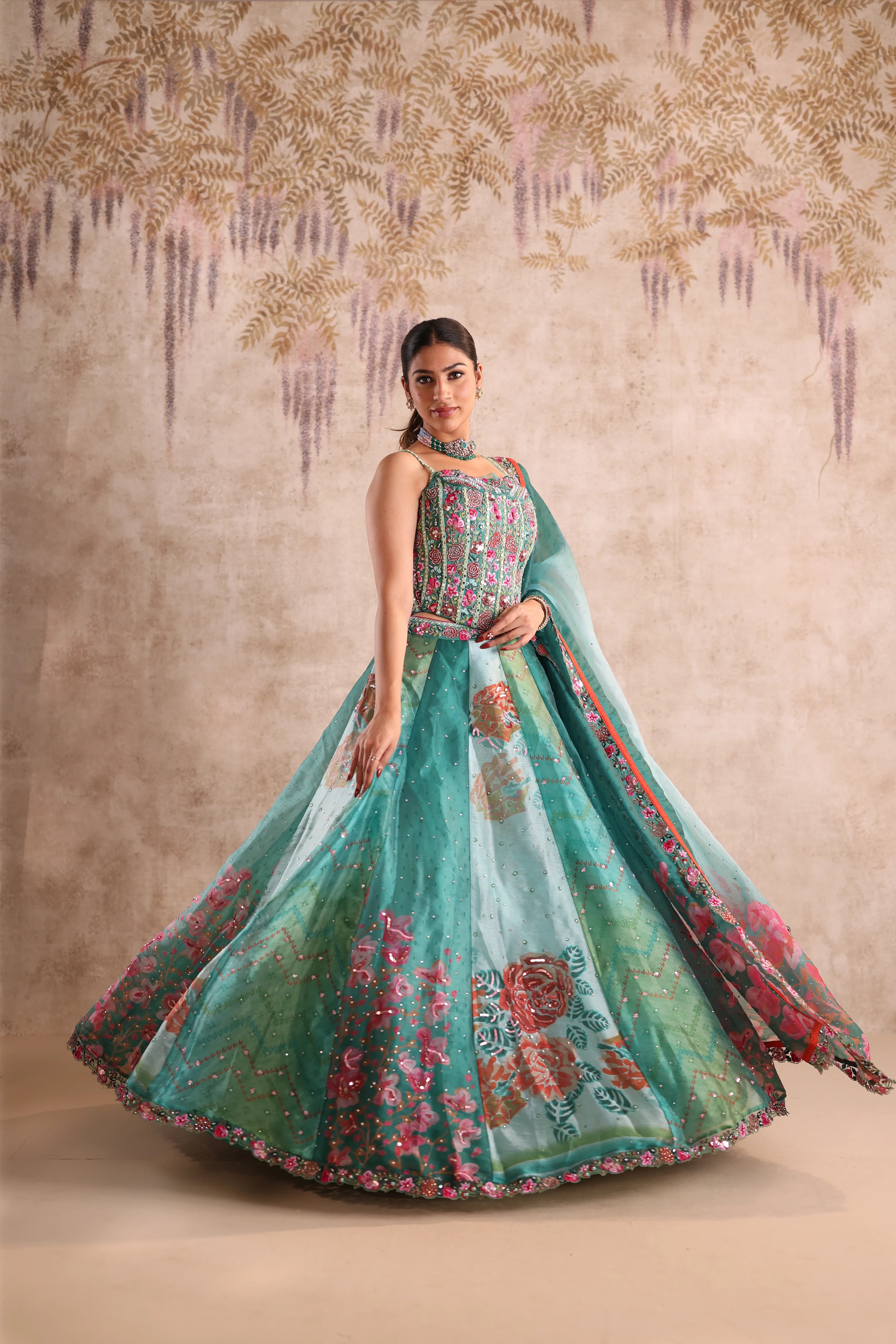 Green Floral Embroidered Party Wear Lehenga