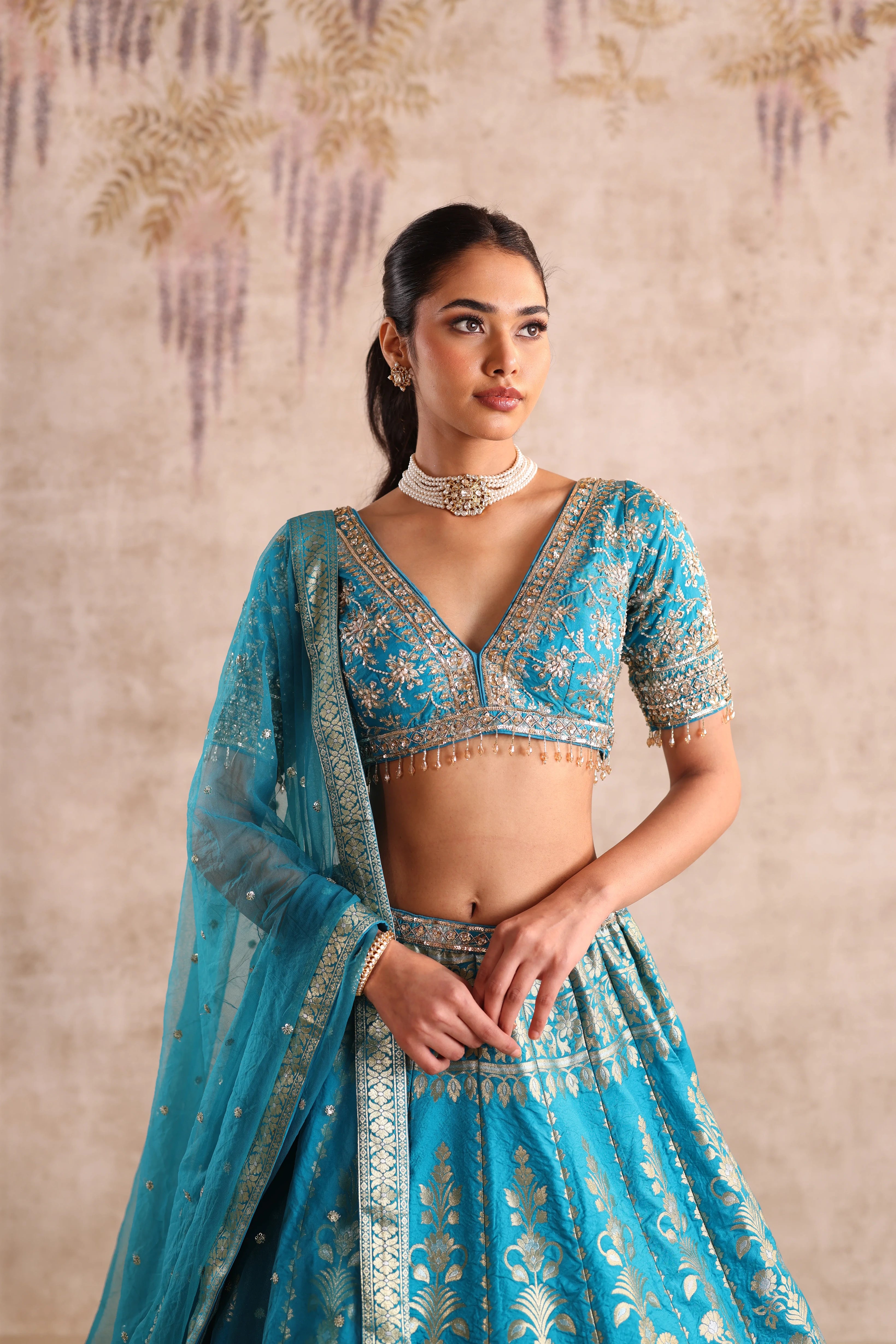 Sky Blue Zari Woven Party Wear Lehenga