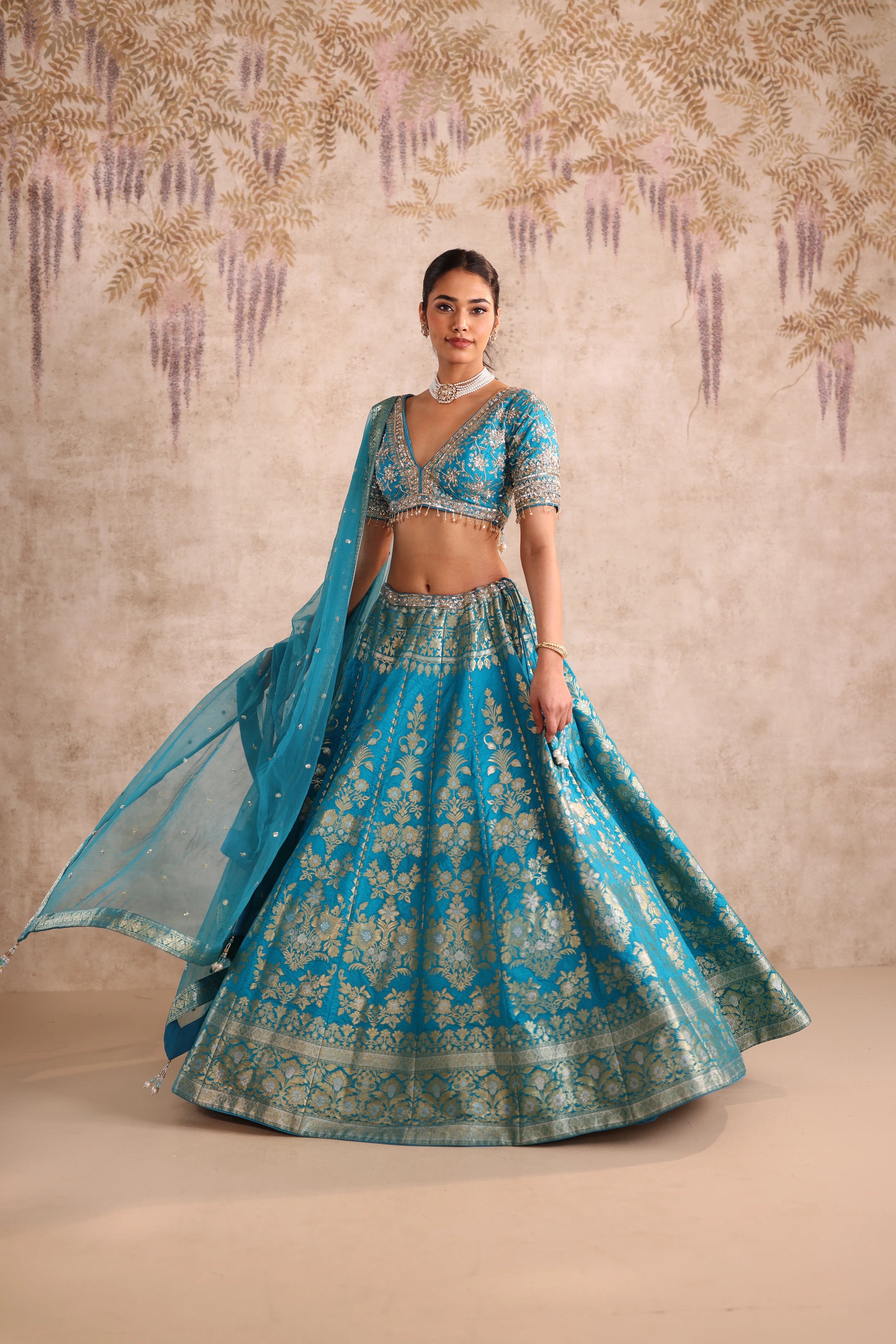 Sky Blue Zari Woven Party Wear Lehenga