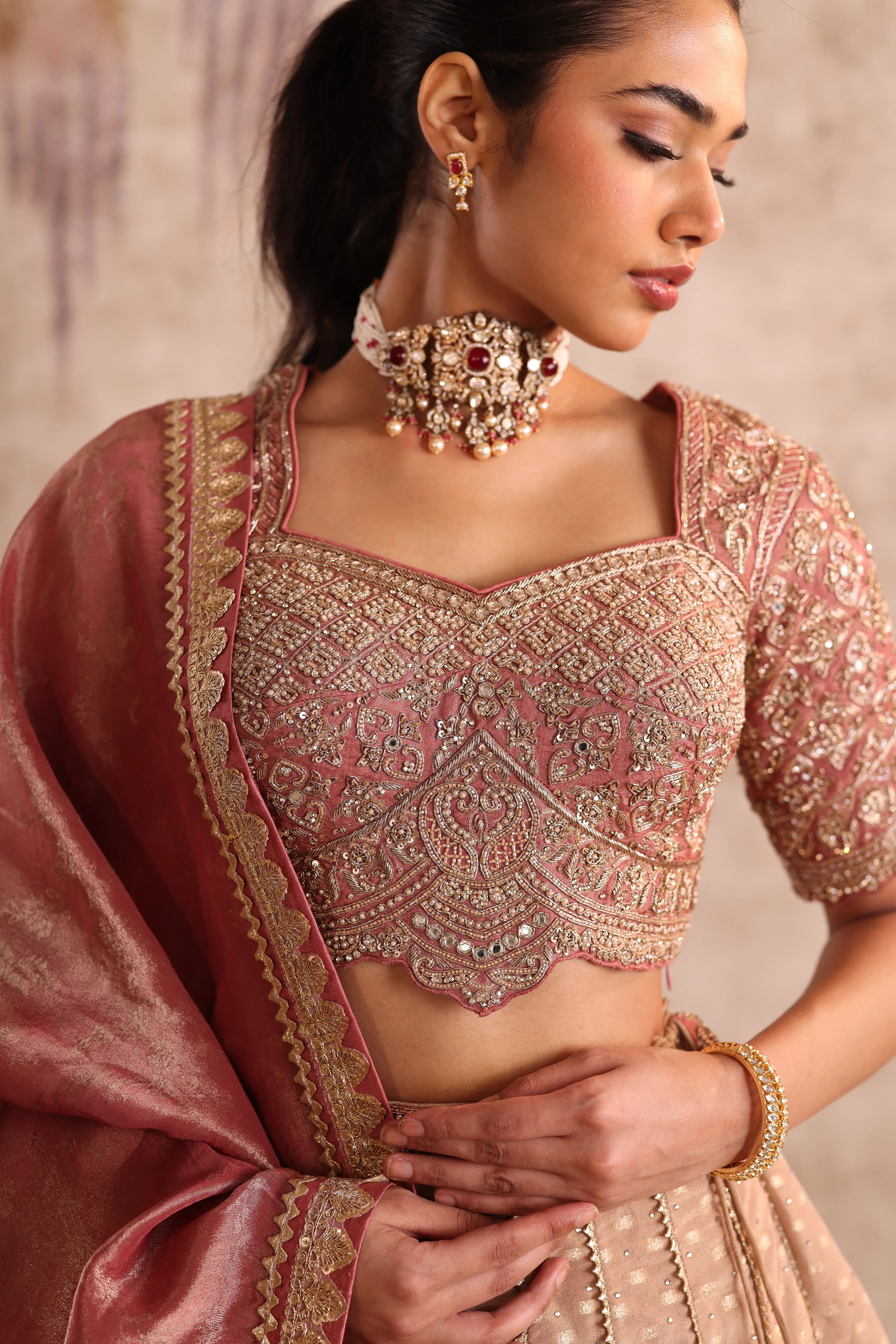 Beige Embroidered Party Wear Lehenga with Sequins Work