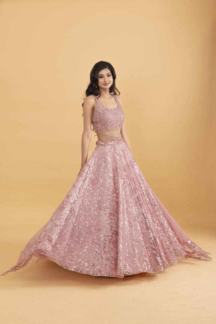 Pink net lehenga with sequins and pot embellishments