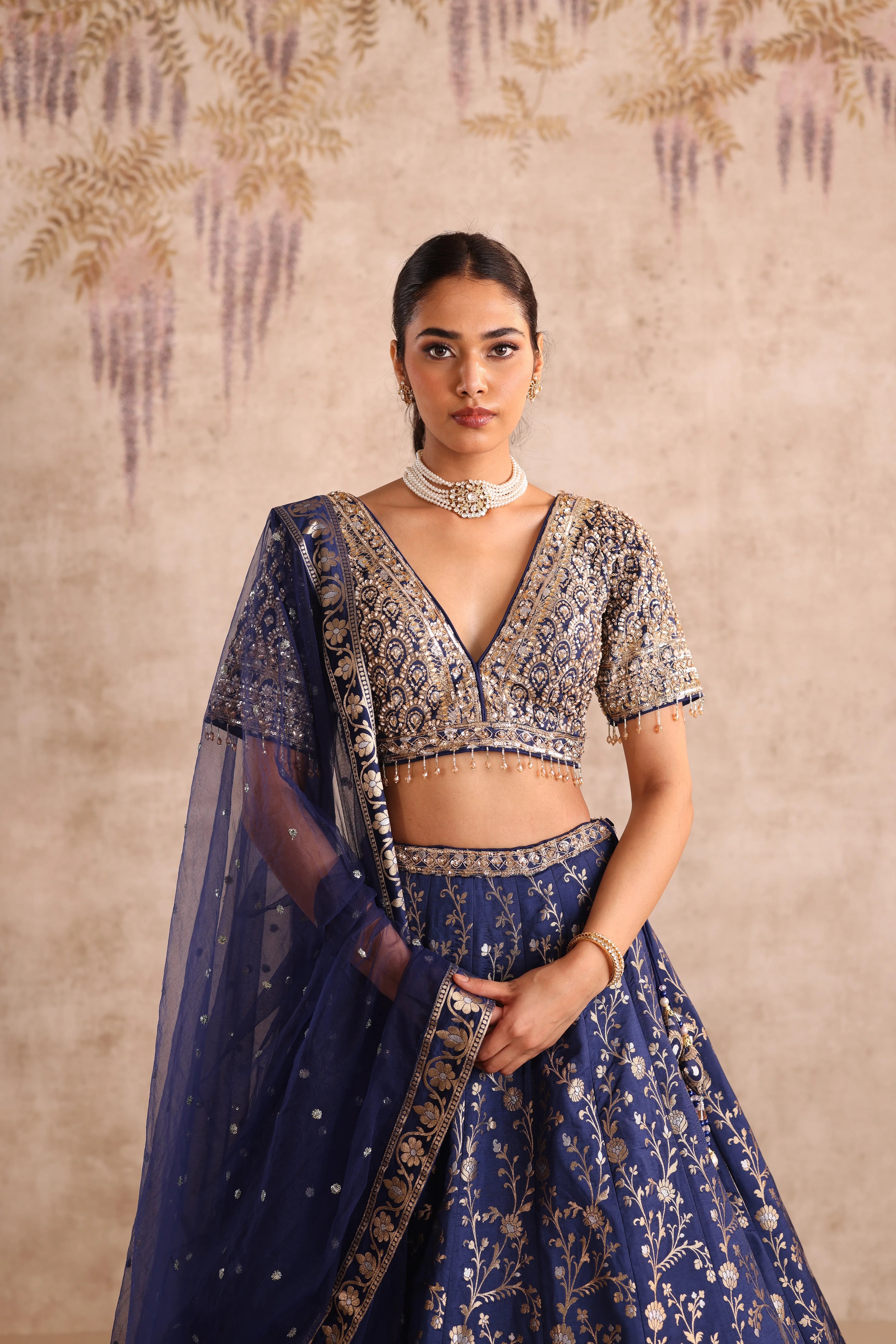 Party Wear Blue Embroidered Lehenga with Golden Choli