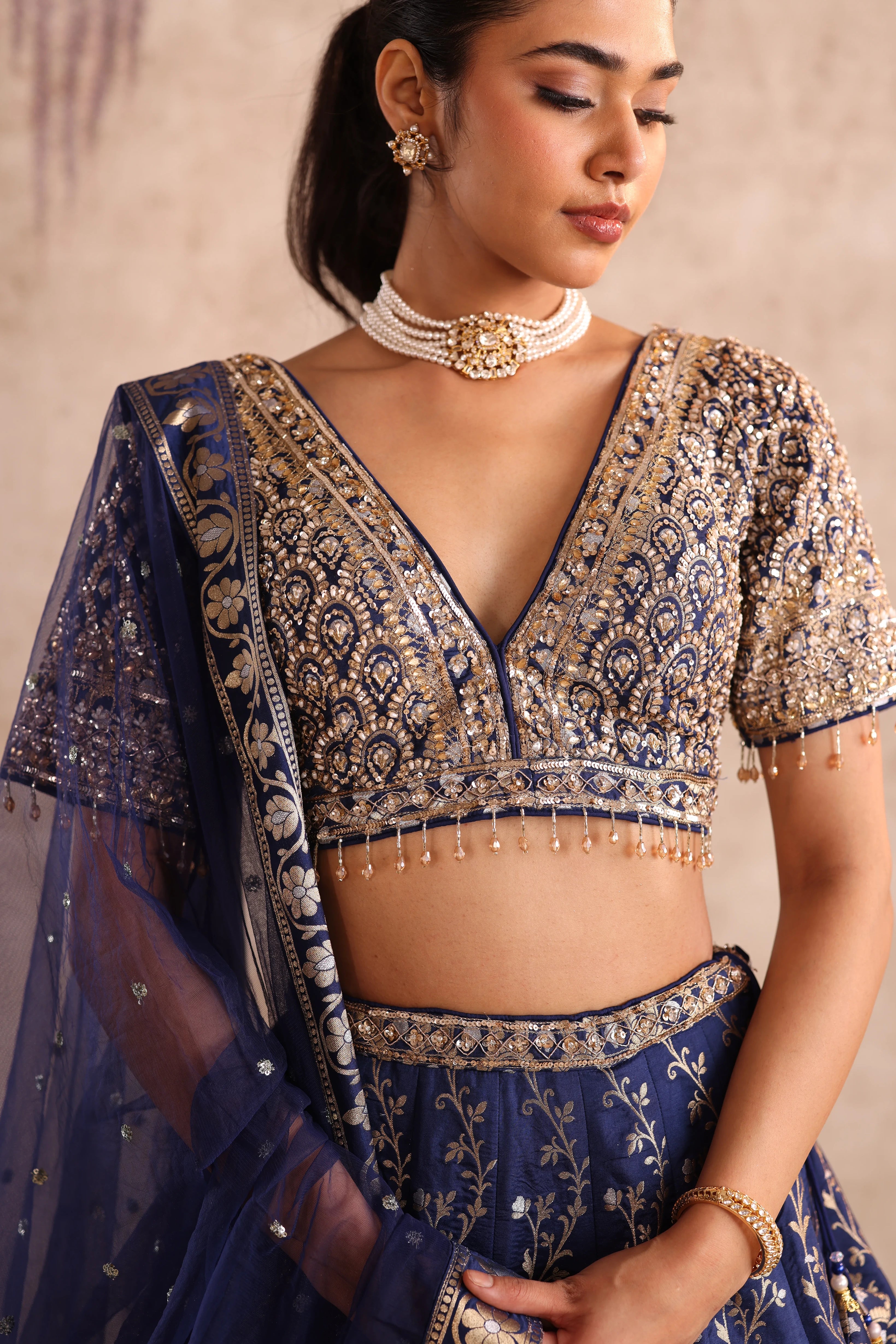 Party Wear Blue Embroidered Lehenga with Golden Choli