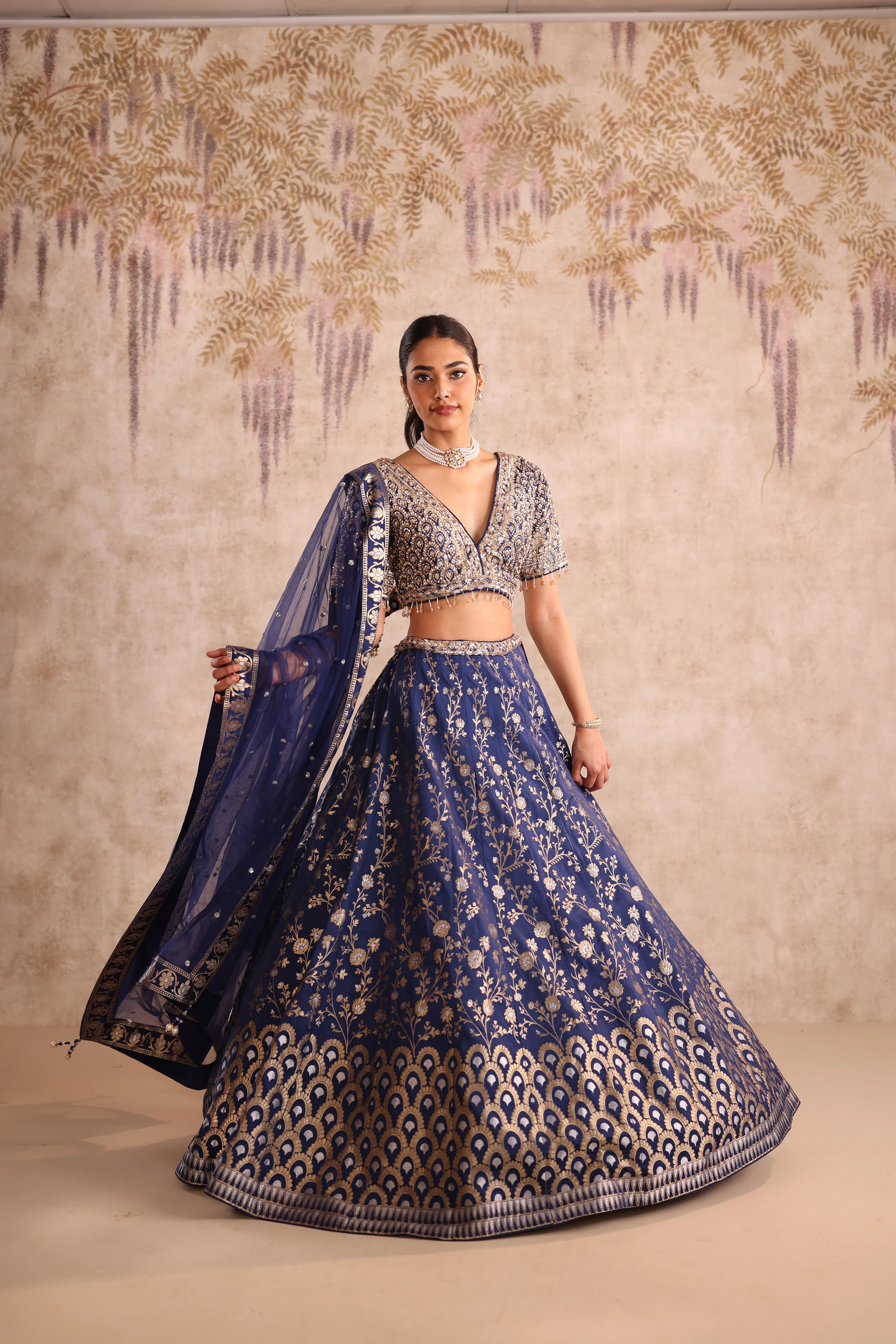 Party Wear Blue Embroidered Lehenga with Golden Choli