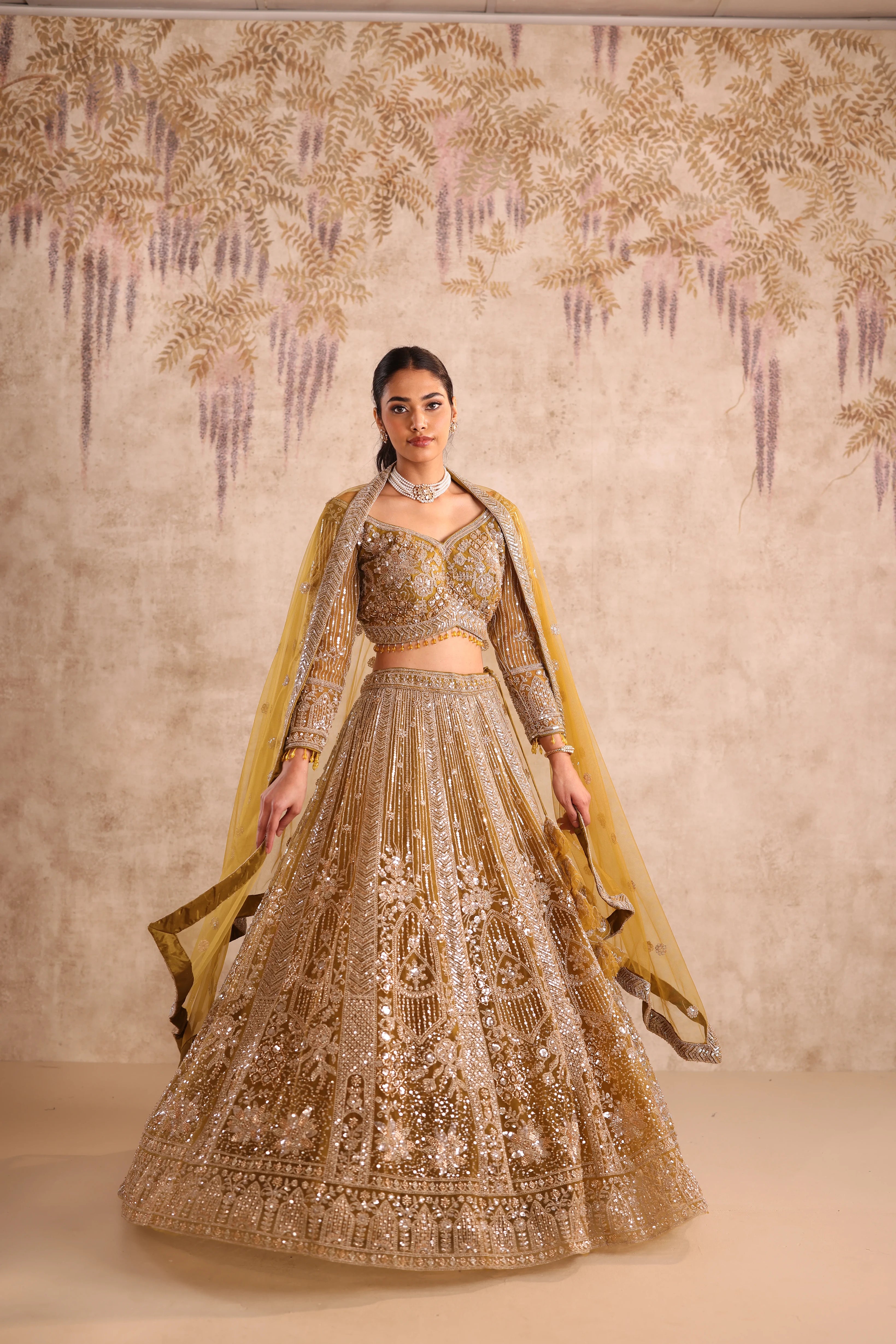 Mustard Embroidered Party Wear Lehenga