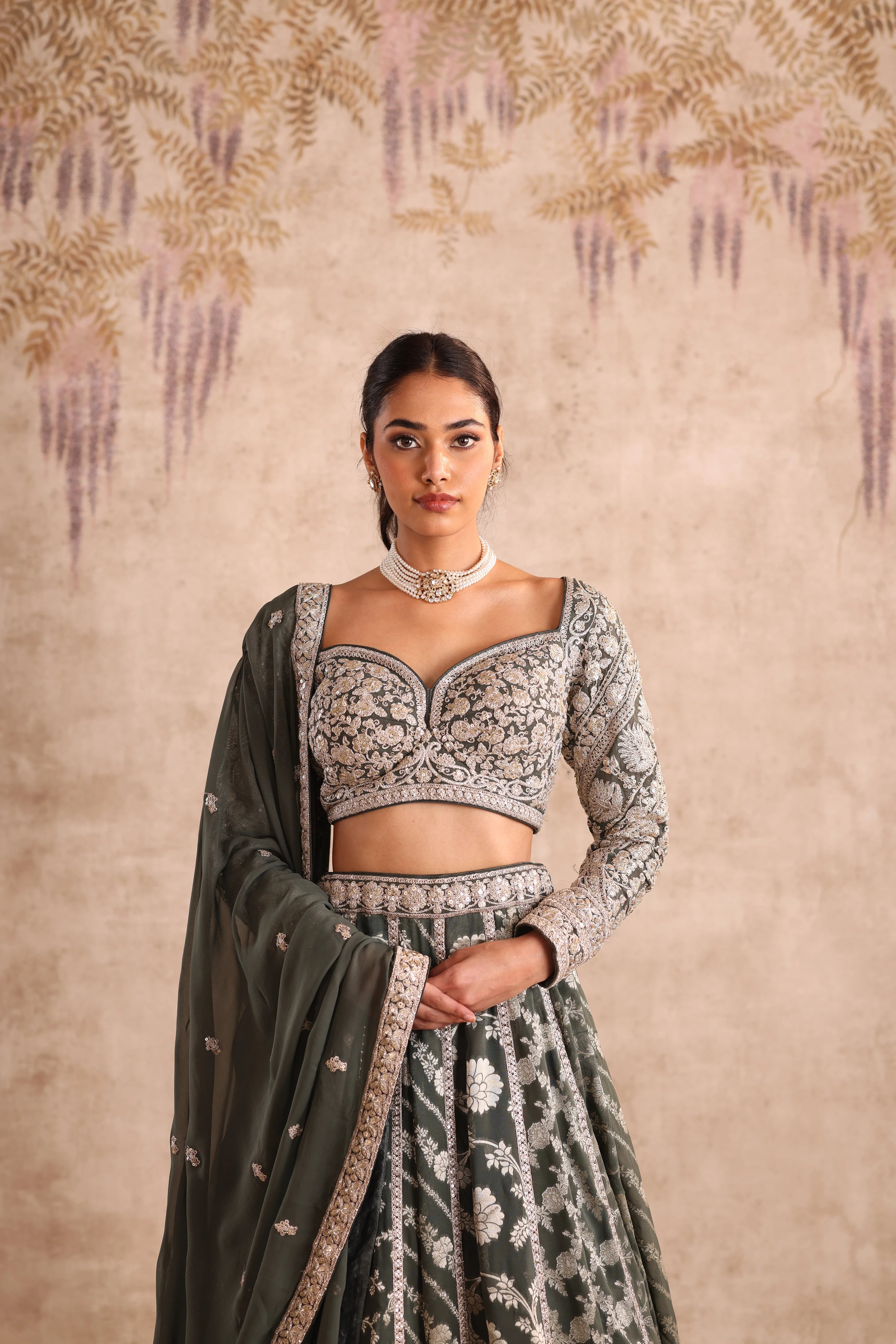 Olive Green Embroidered  Party Wear Lehenga