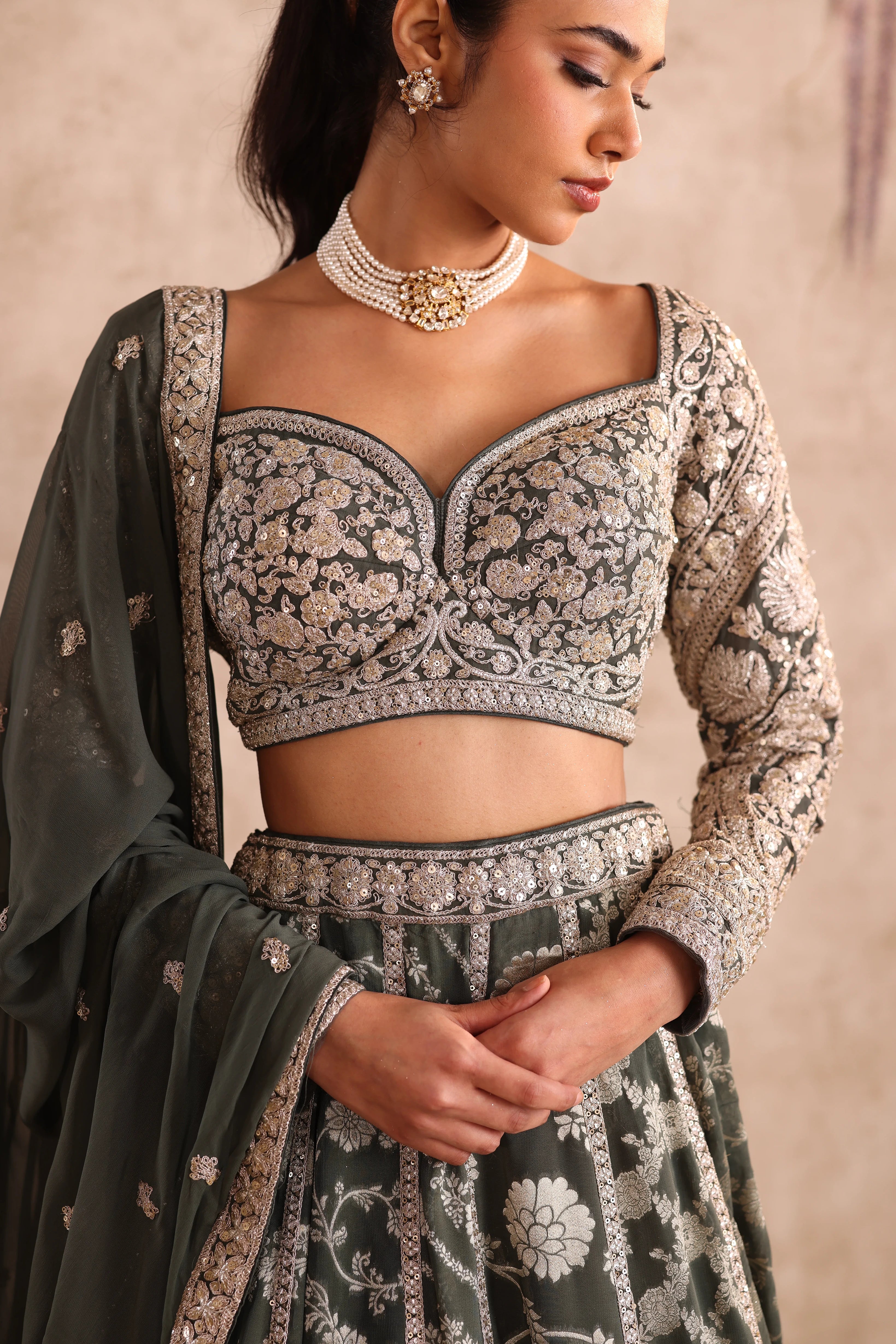 Olive Green Embroidered  Party Wear Lehenga