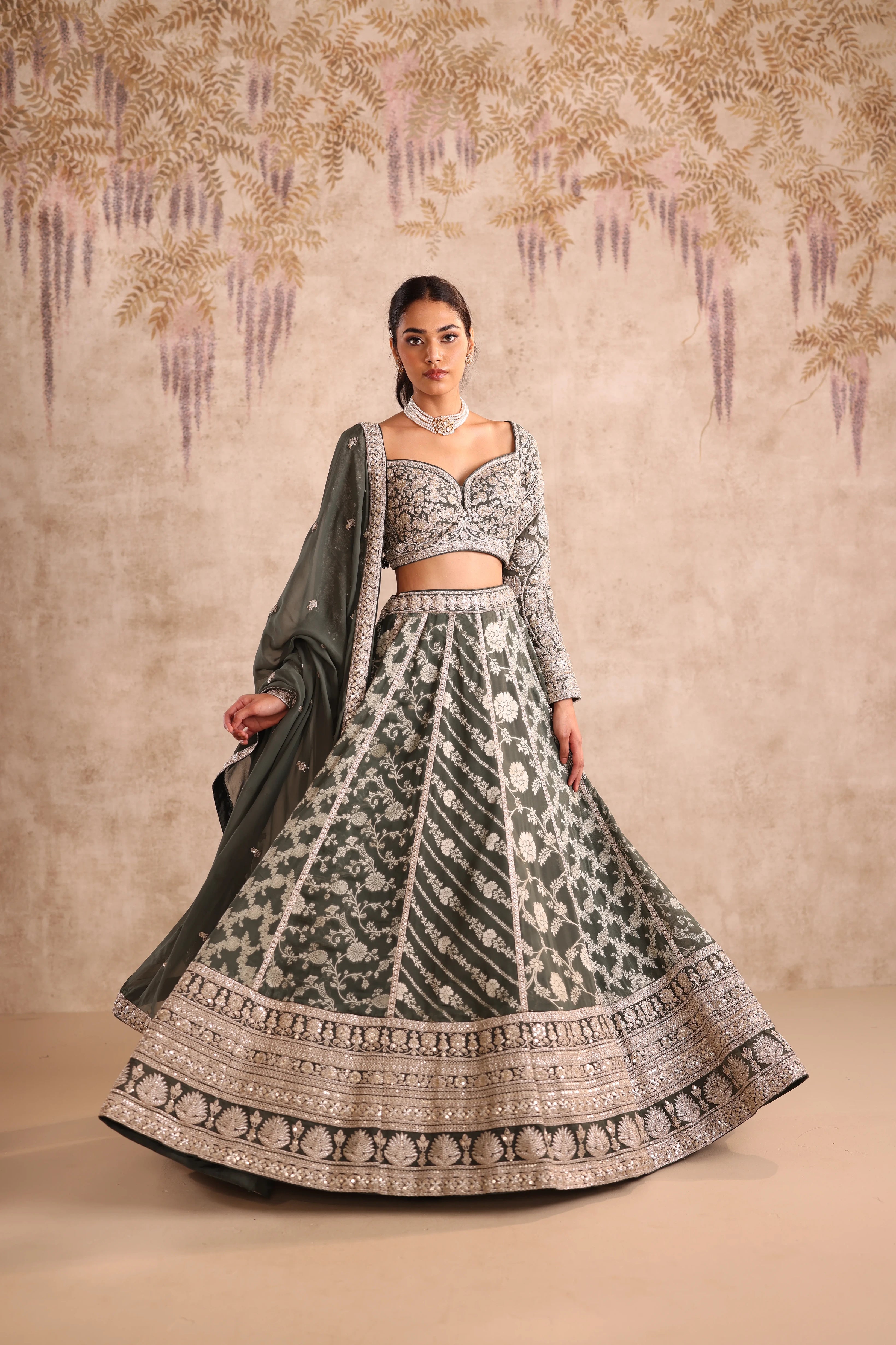 Olive Green Embroidered  Party Wear Lehenga