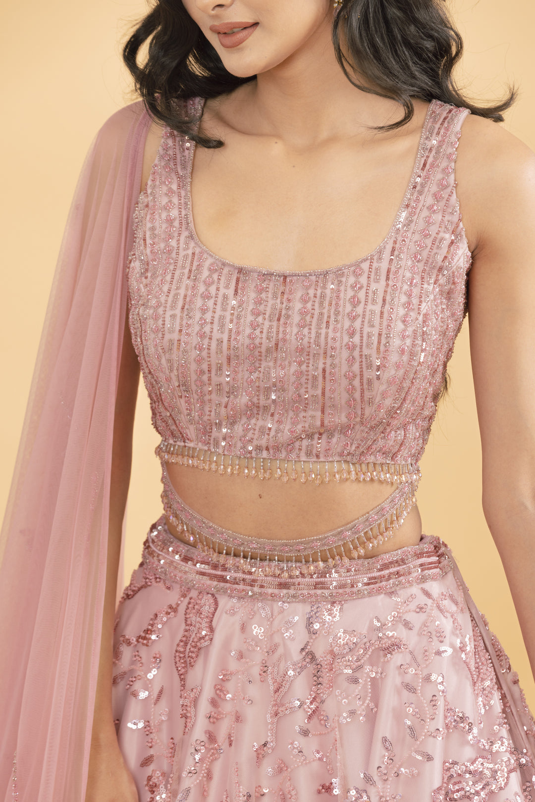 Pink net lehenga with sequins and pot embellishments