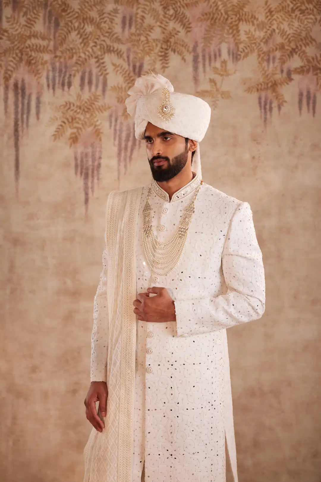Ivory Sherwani Set with Mirror Detailing | Designer Groom Wedding Sherwani