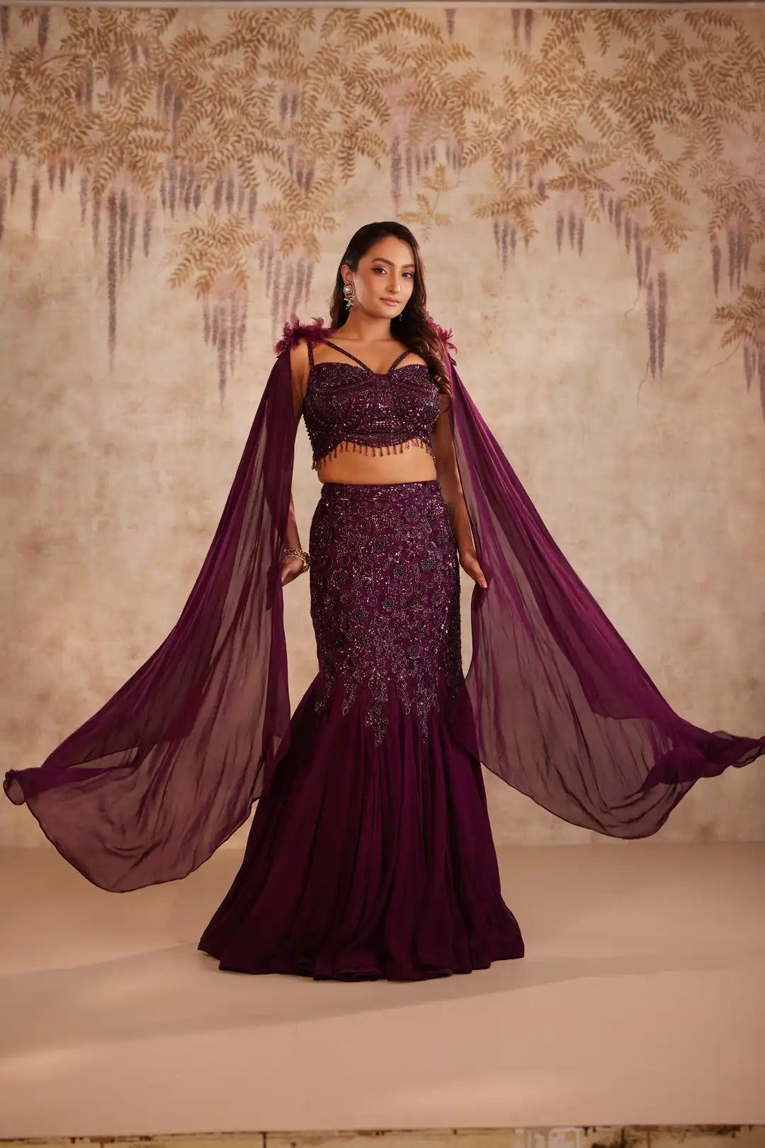 Wine cutdana embellished fishcut lehenga